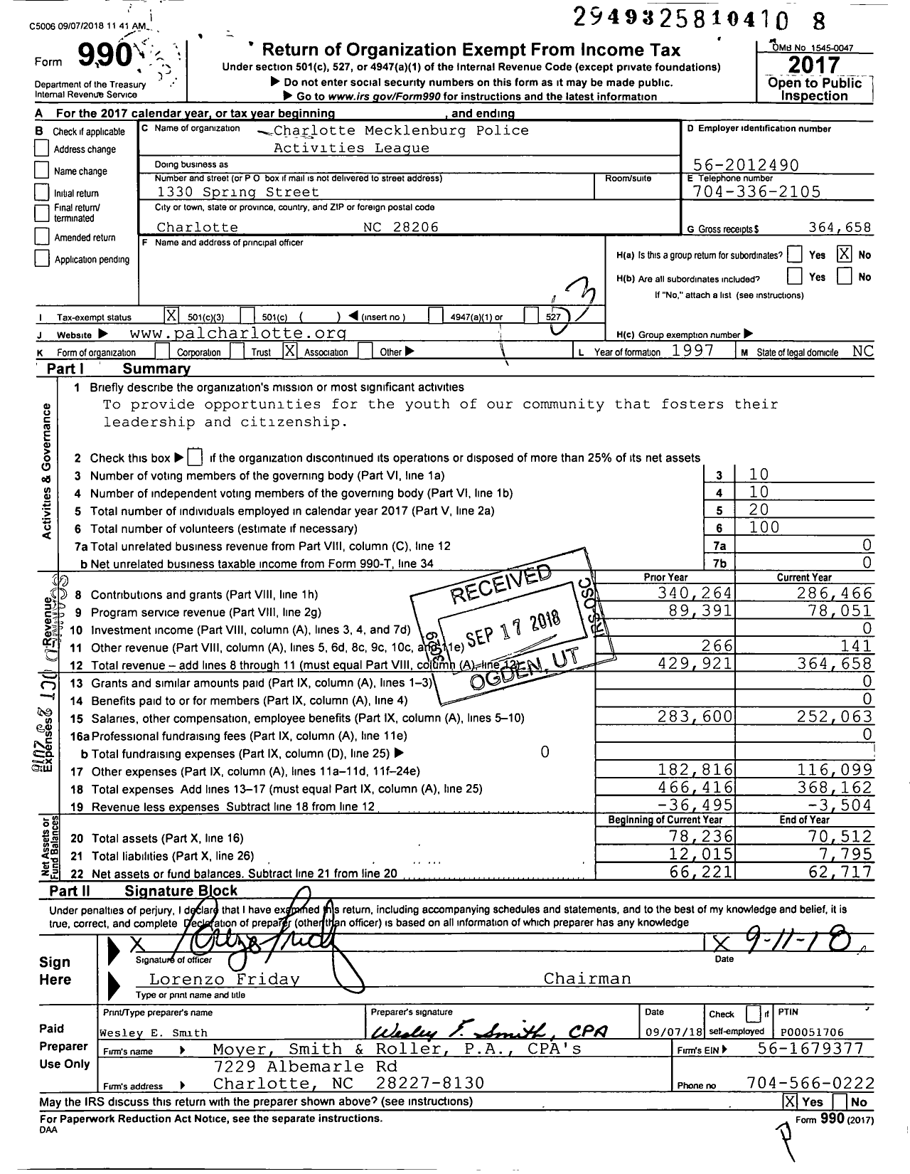 Image of first page of 2017 Form 990 for Charlotte Mecklenburg Police Activities Leauge