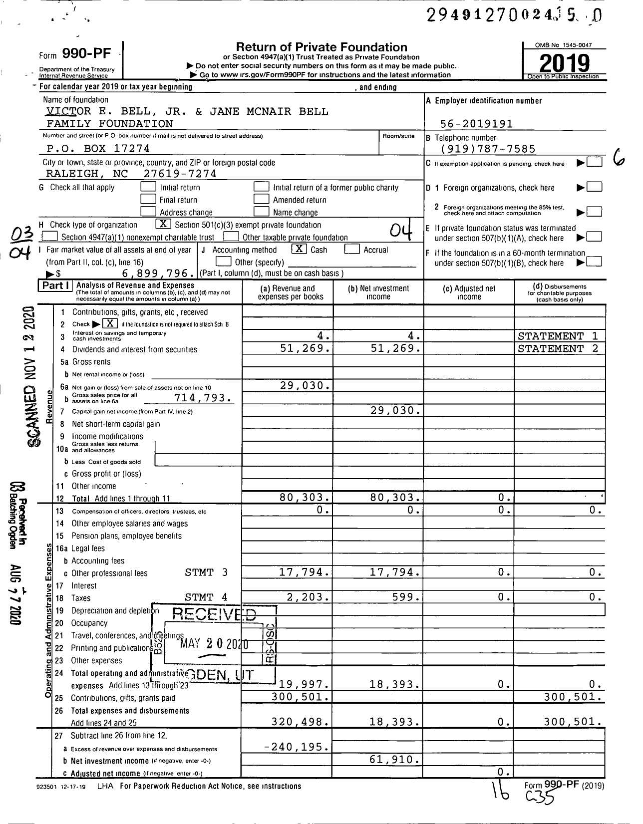 Image of first page of 2019 Form 990PF for Bell Koonce Burnette Foundation