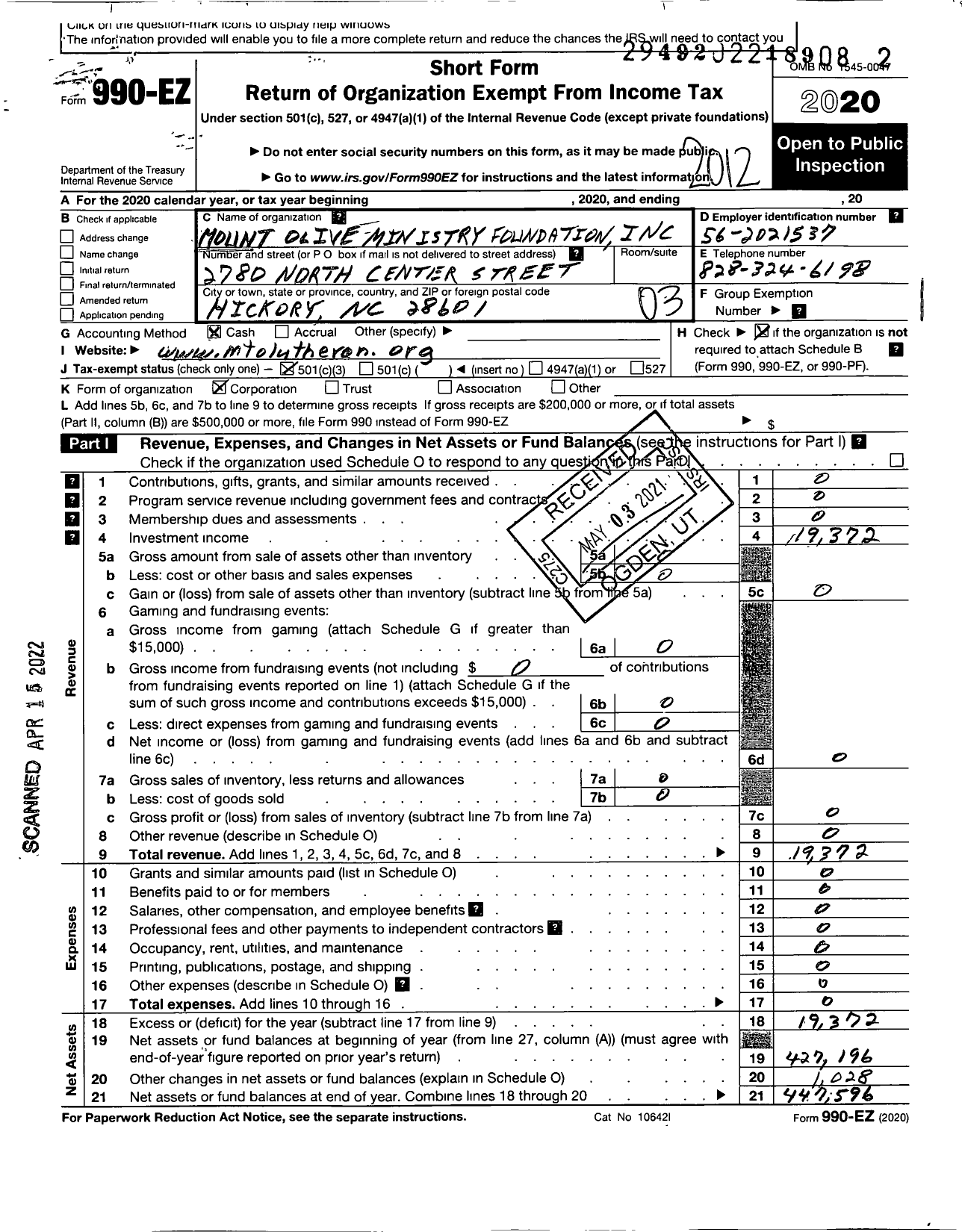 Image of first page of 2020 Form 990EZ for MT Olive Ministry Foundation