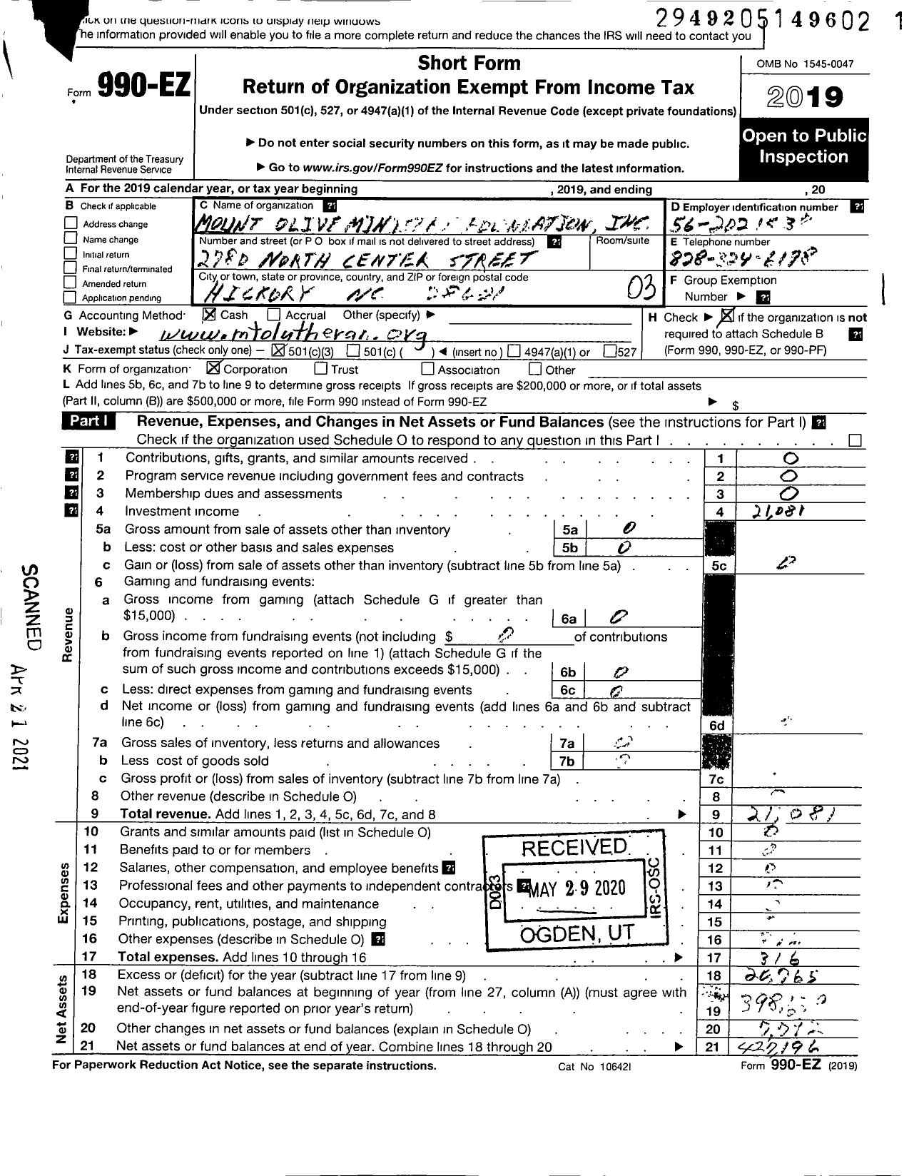 Image of first page of 2019 Form 990EZ for MT Olive Ministry Foundation