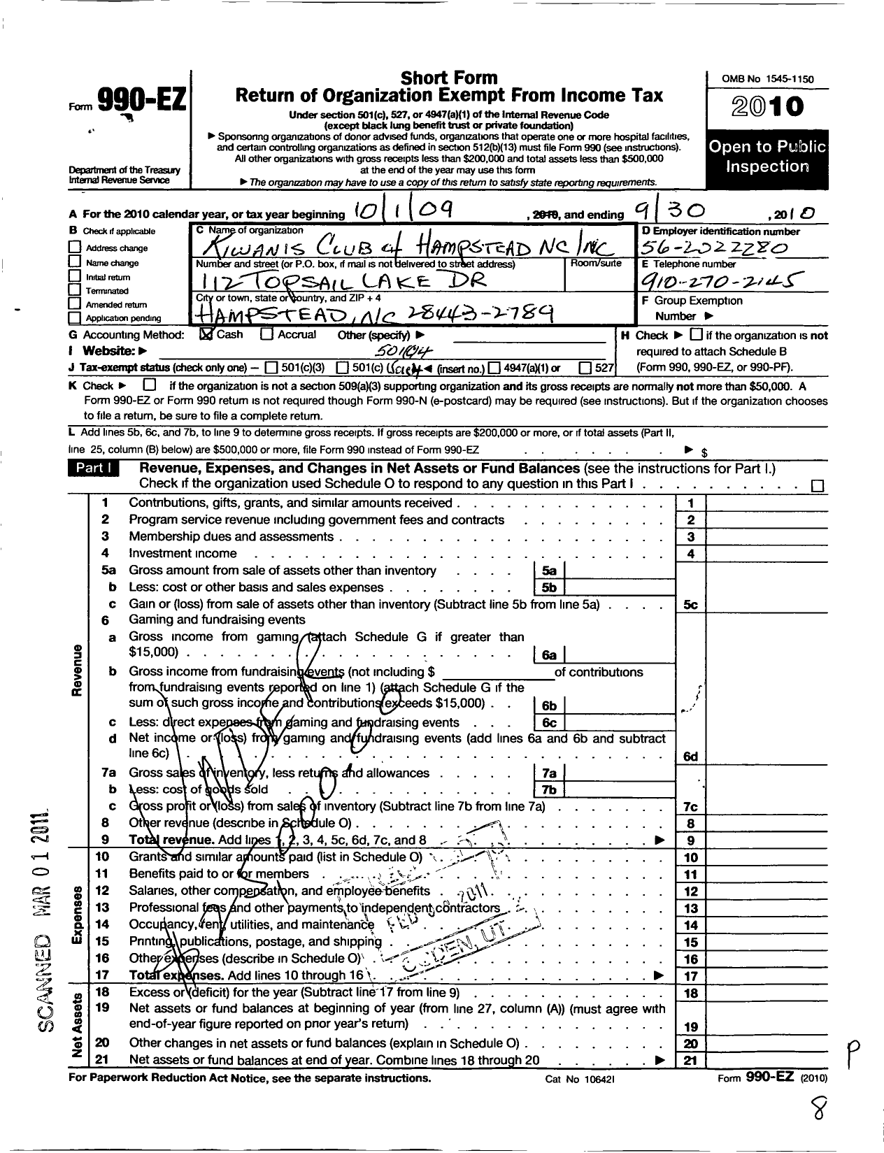 Image of first page of 2009 Form 990EO for Kiwanis International - K15167 Hampstead