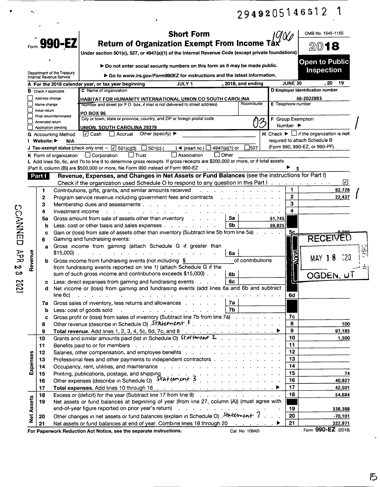 Image of first page of 2018 Form 990EZ for Habitat for Humanity - Union Co S Carolina HFH of