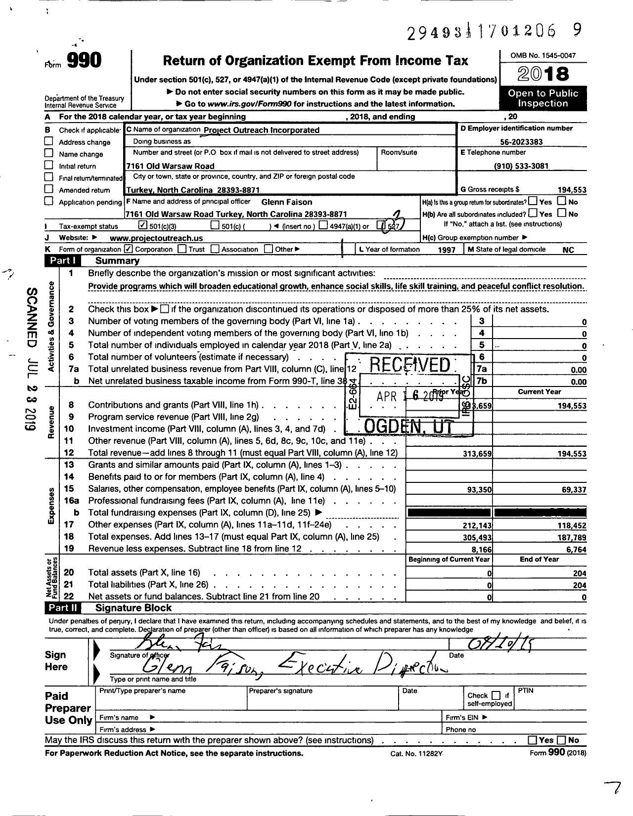 Image of first page of 2018 Form 990 for Project Outreach Incorporated