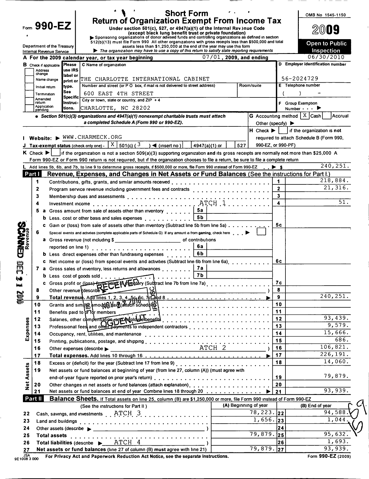 Image of first page of 2009 Form 990EZ for Charlotte International Cabinet
