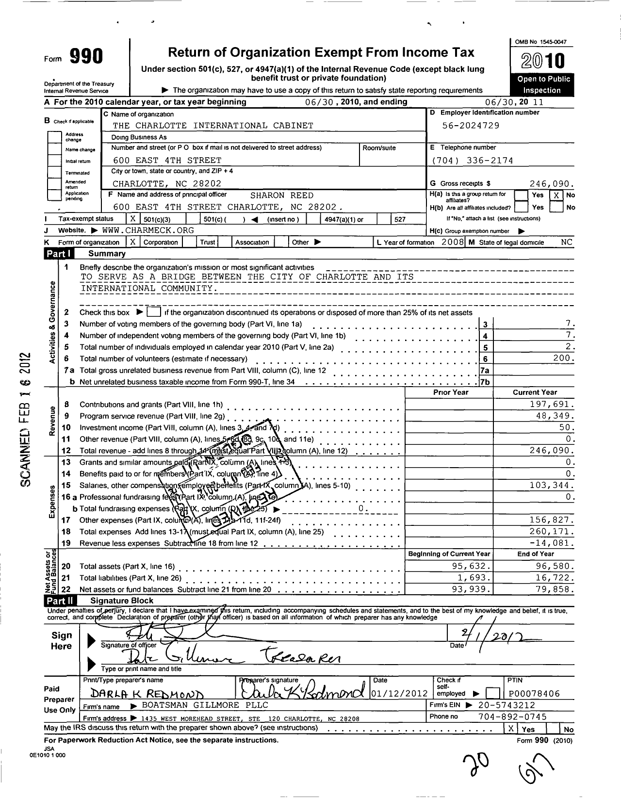 Image of first page of 2010 Form 990 for Charlotte International Cabinet