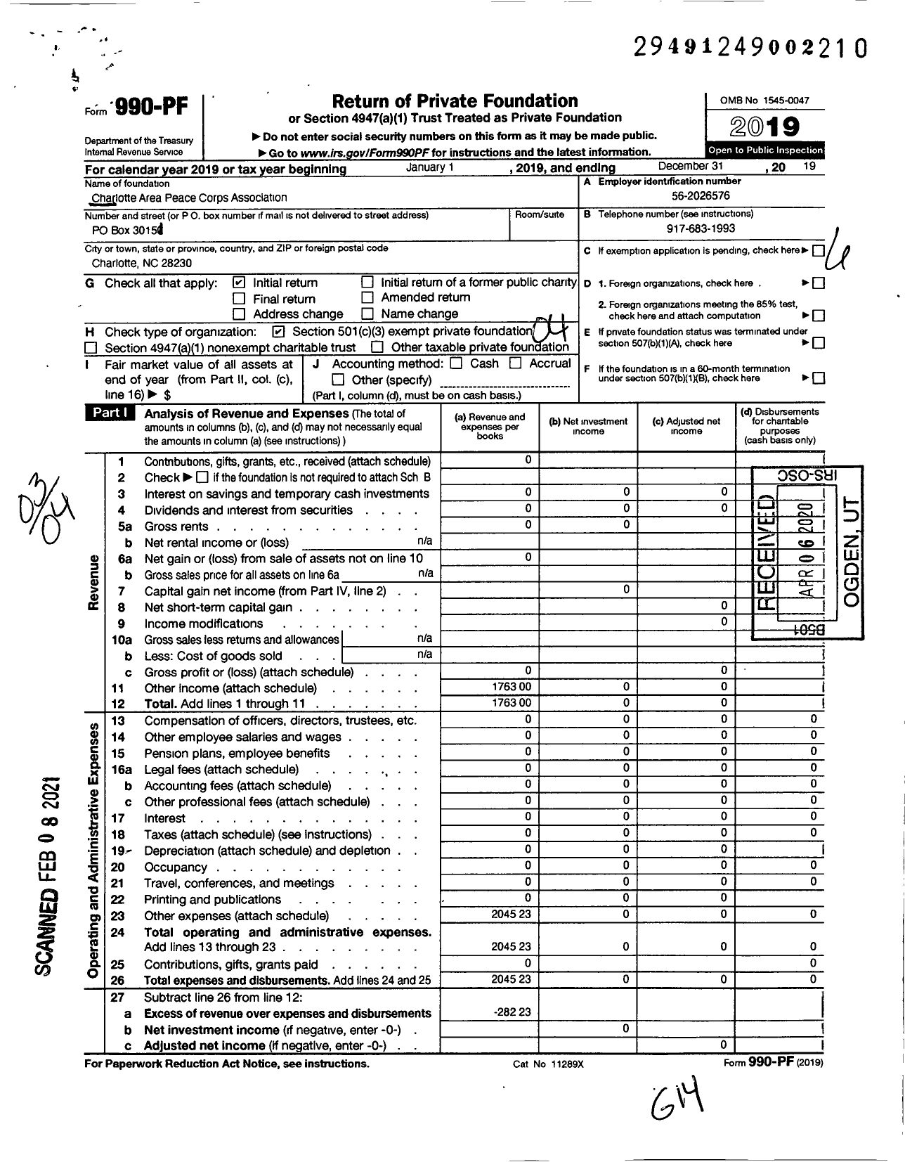 Image of first page of 2019 Form 990PF for Charlotte Area Peace Corps Association