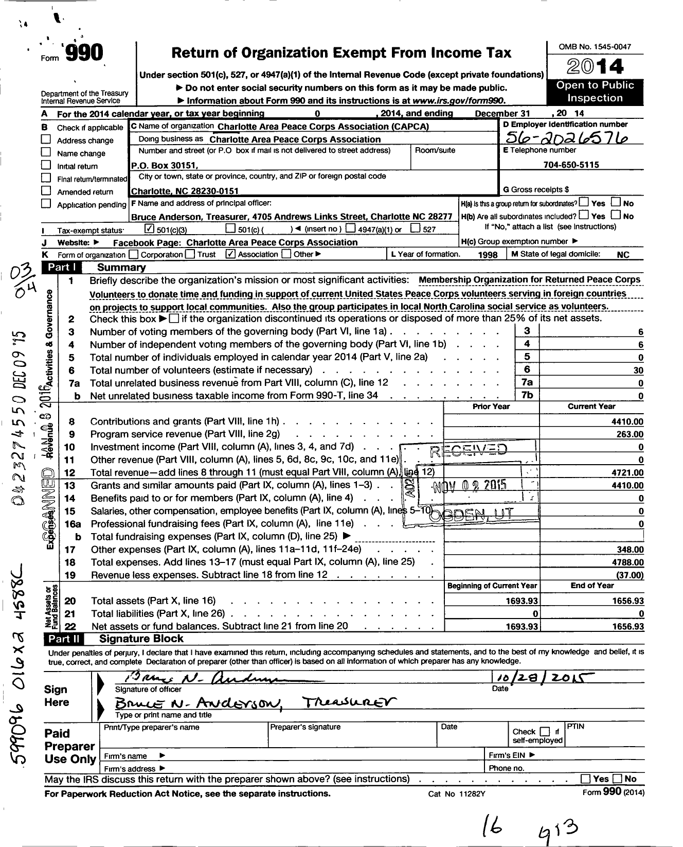 Image of first page of 2014 Form 990 for Charlotte Area Peace Corps Association