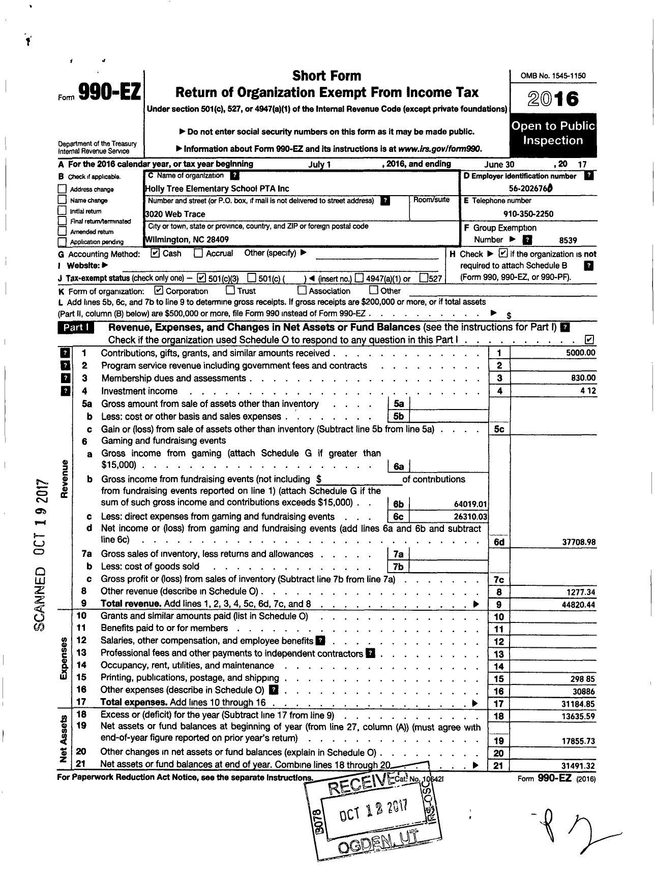 Image of first page of 2016 Form 990EZ for North Carolina PTA - Holly Tree Elementary PTA