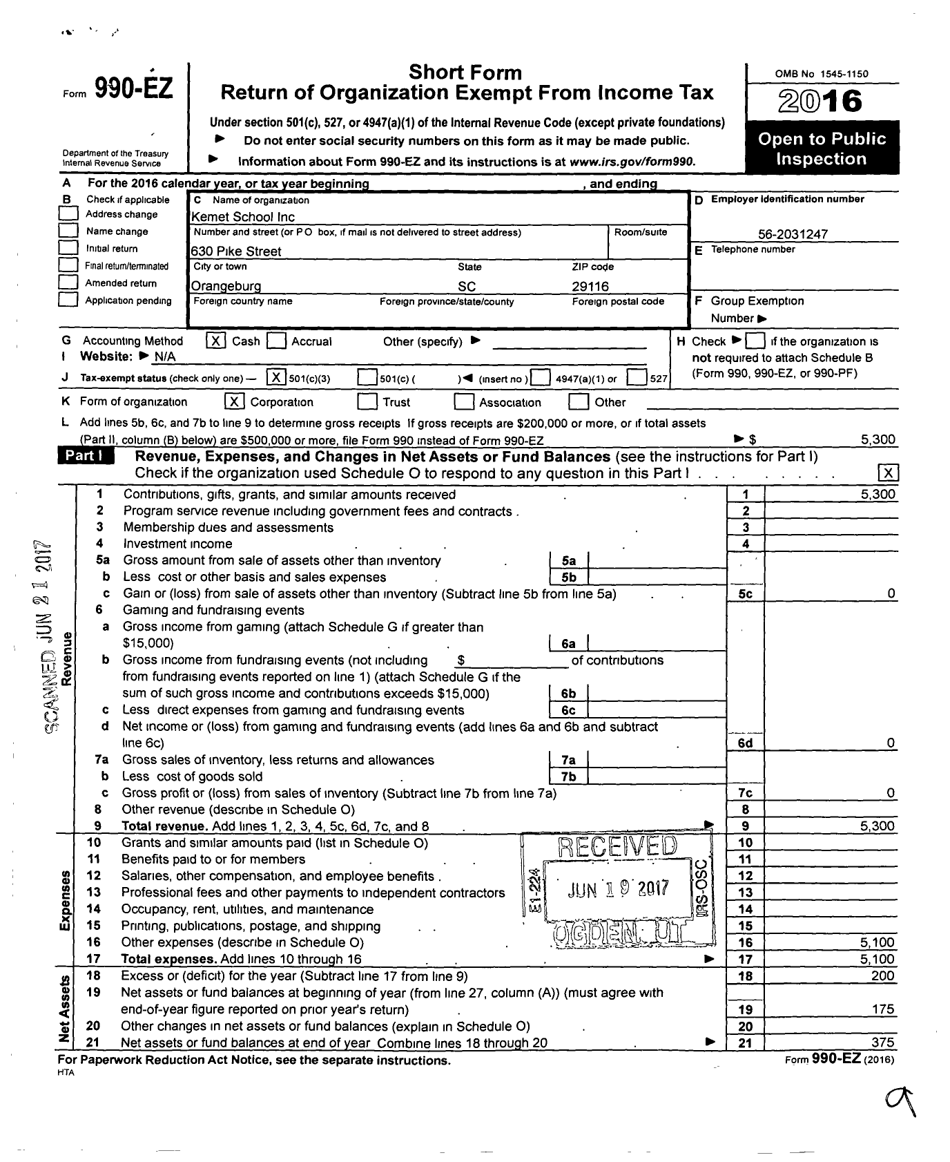 Image of first page of 2016 Form 990EZ for Kemet School