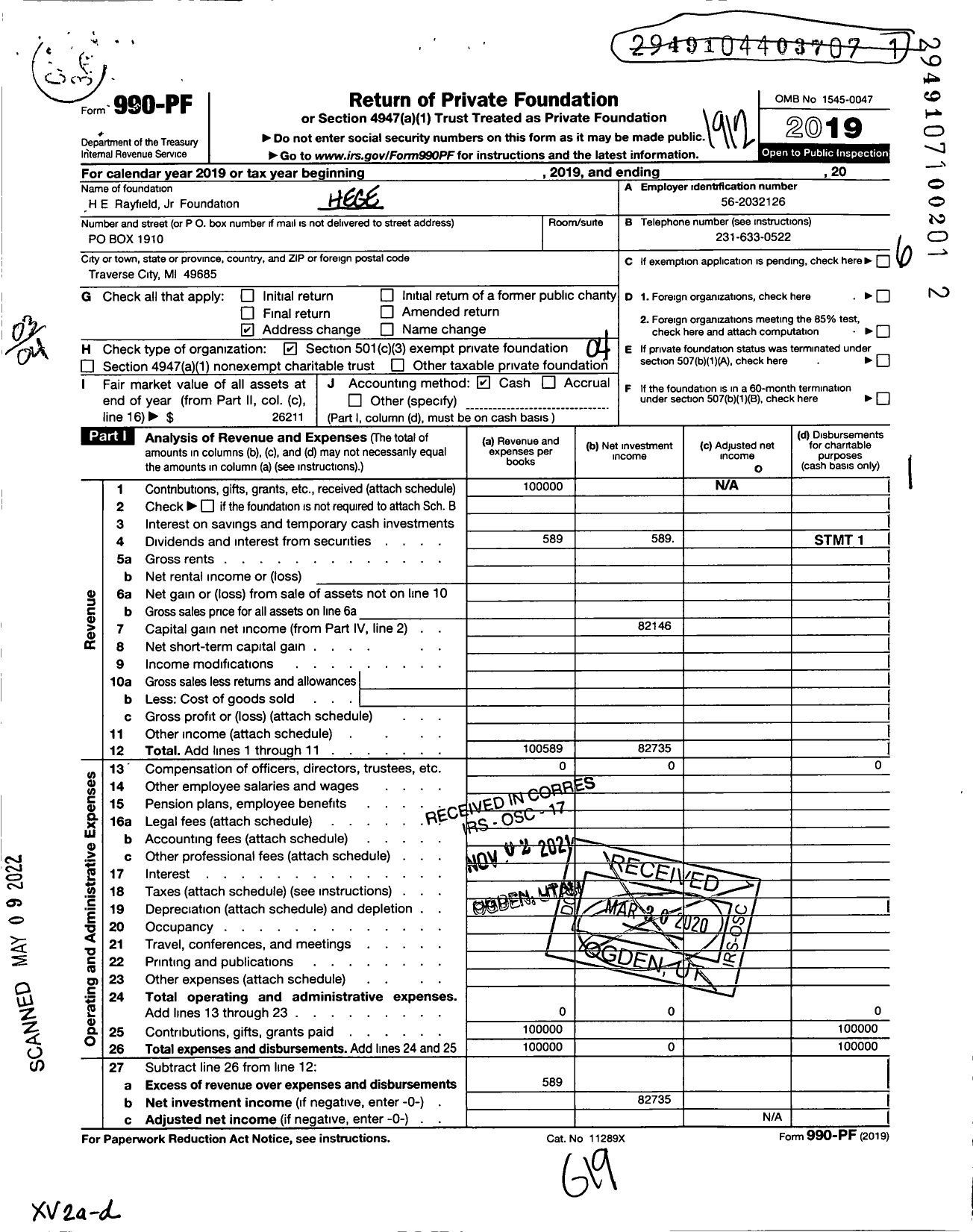 Image of first page of 2019 Form 990PF for HE Rayfield Jr Foundation