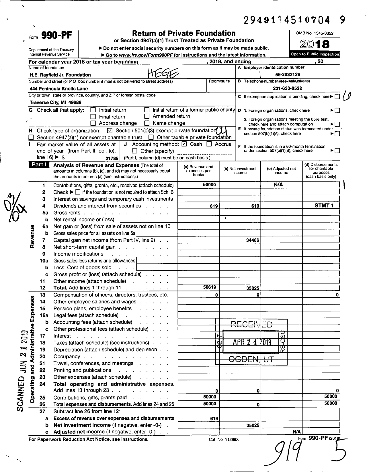 Image of first page of 2018 Form 990PF for HE Rayfield Jr Foundation