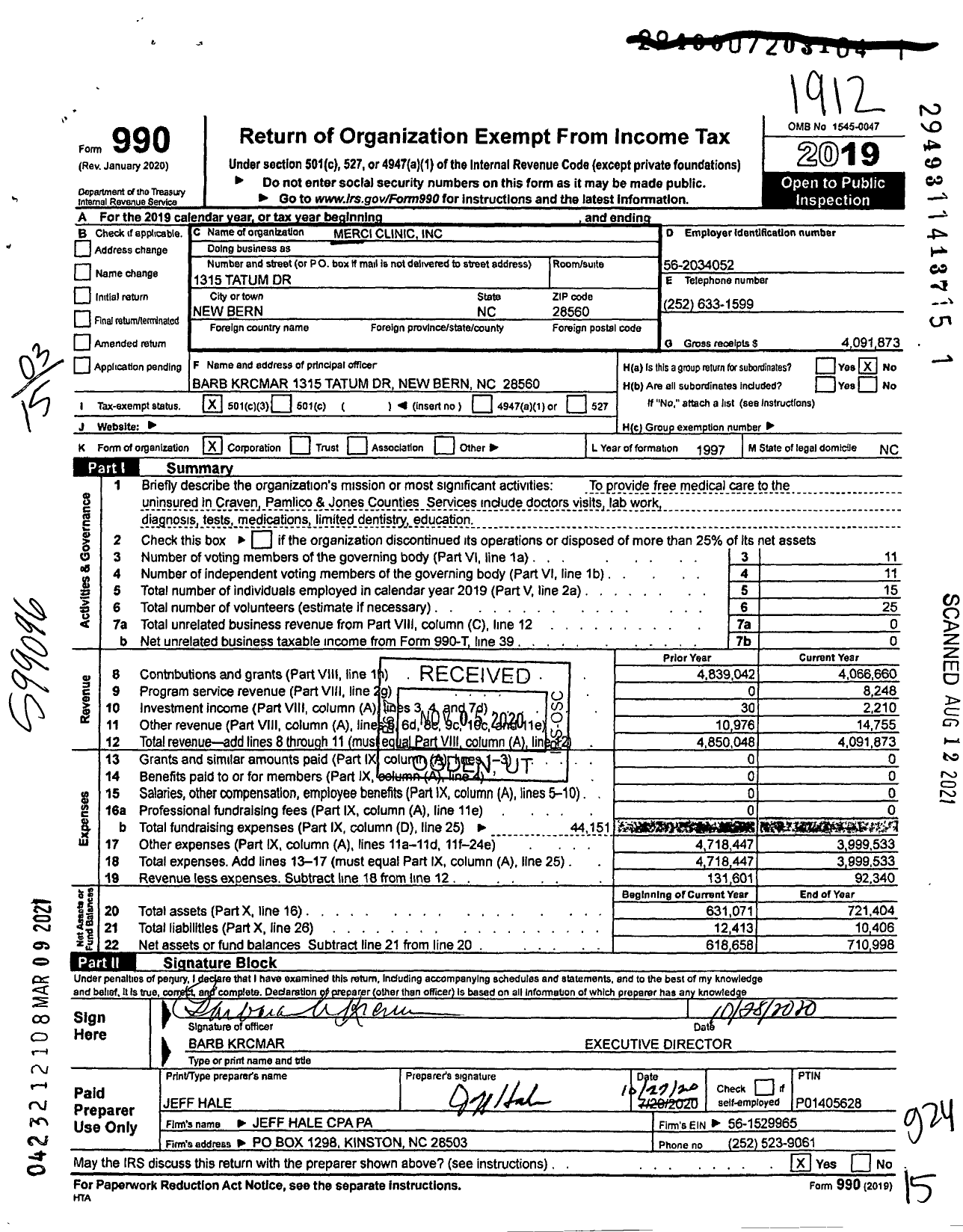 Image of first page of 2019 Form 990 for Merci Clinic