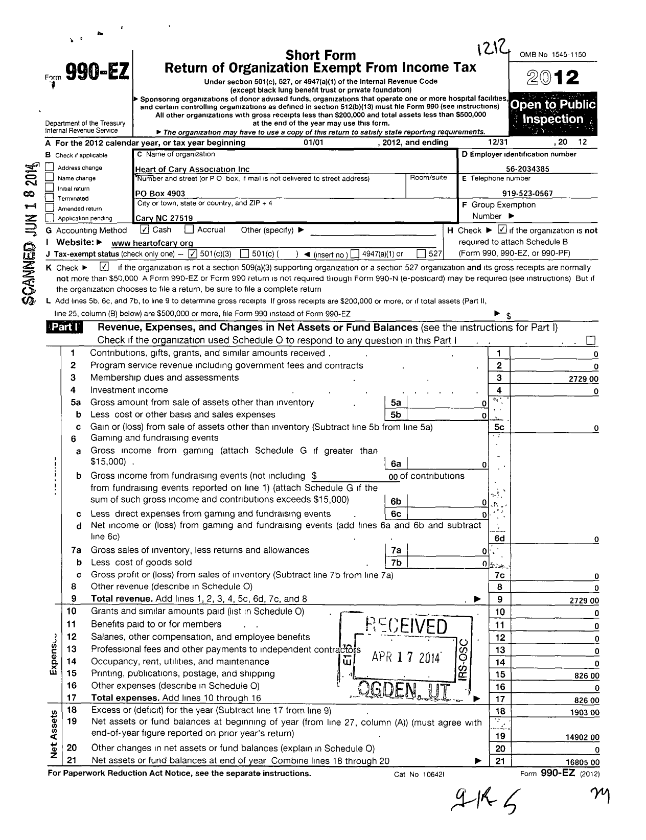 Image of first page of 2012 Form 990EZ for Heart of Cary Association