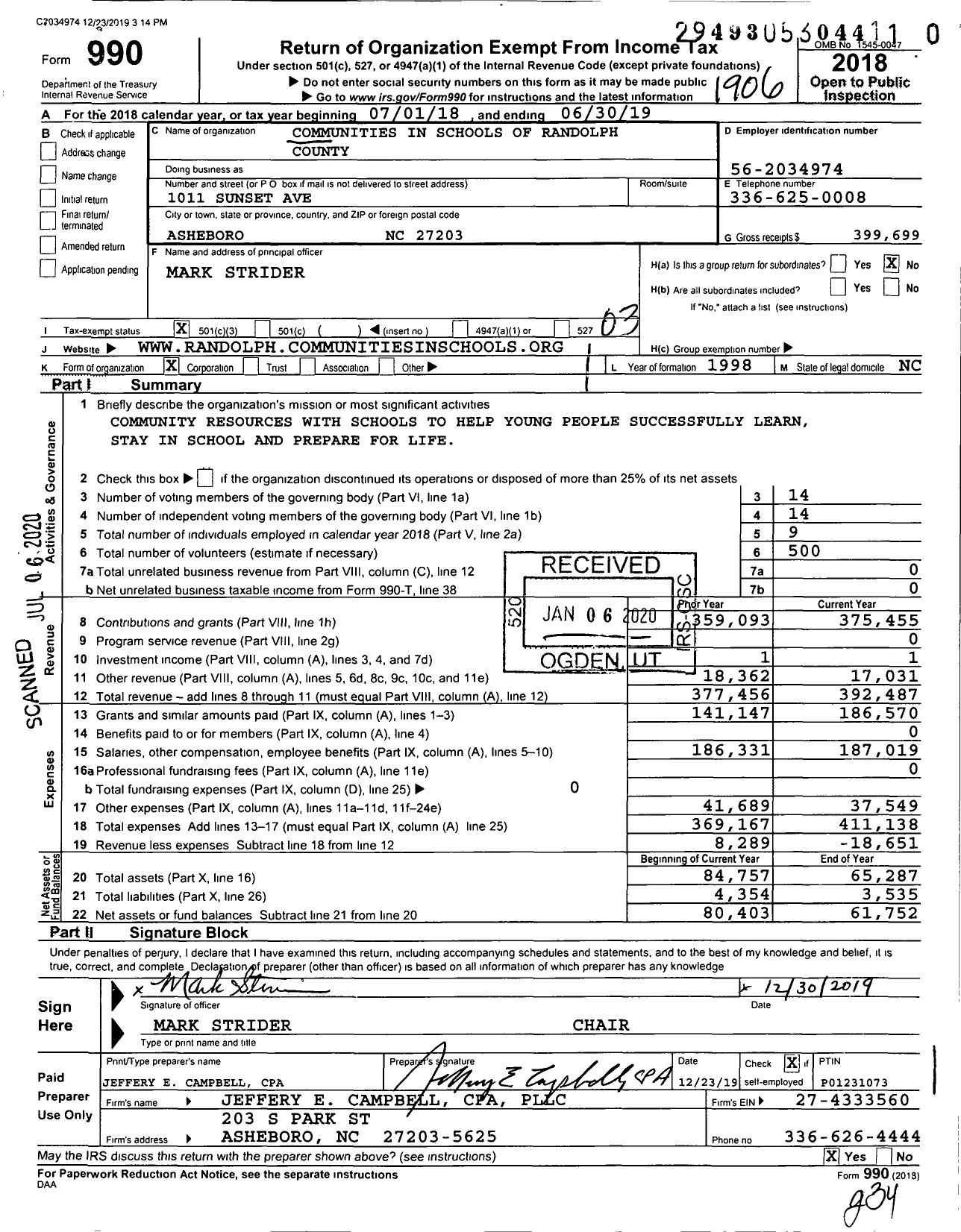 Image of first page of 2018 Form 990 for Communities in Schools of Randolph County