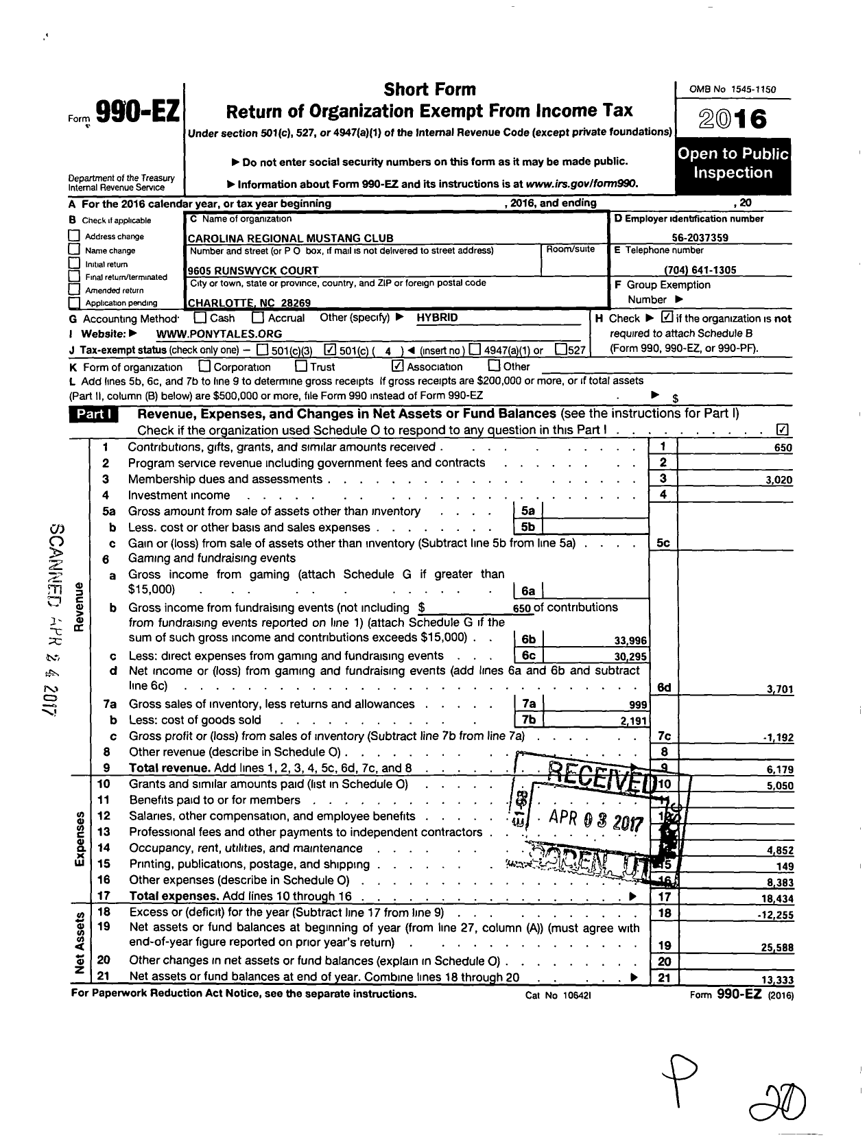 Image of first page of 2016 Form 990EO for Carolina Regional Mustang Club