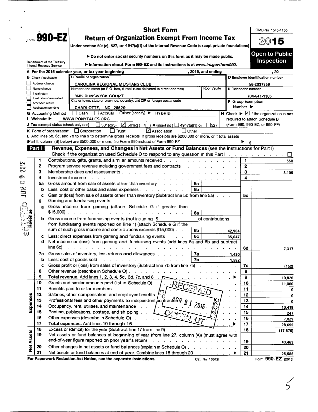 Image of first page of 2015 Form 990EO for Carolina Regional Mustang Club