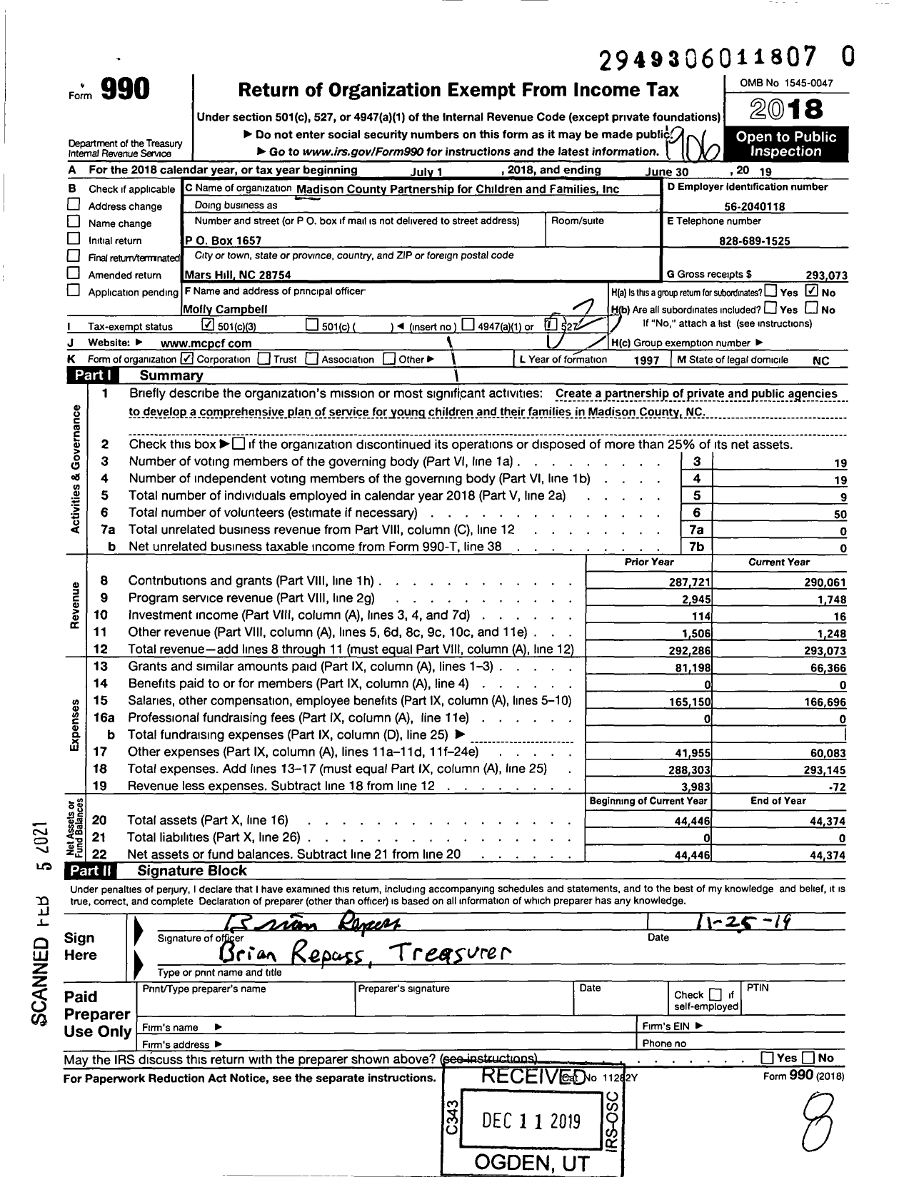 Image of first page of 2018 Form 990 for Madison County Smart Start