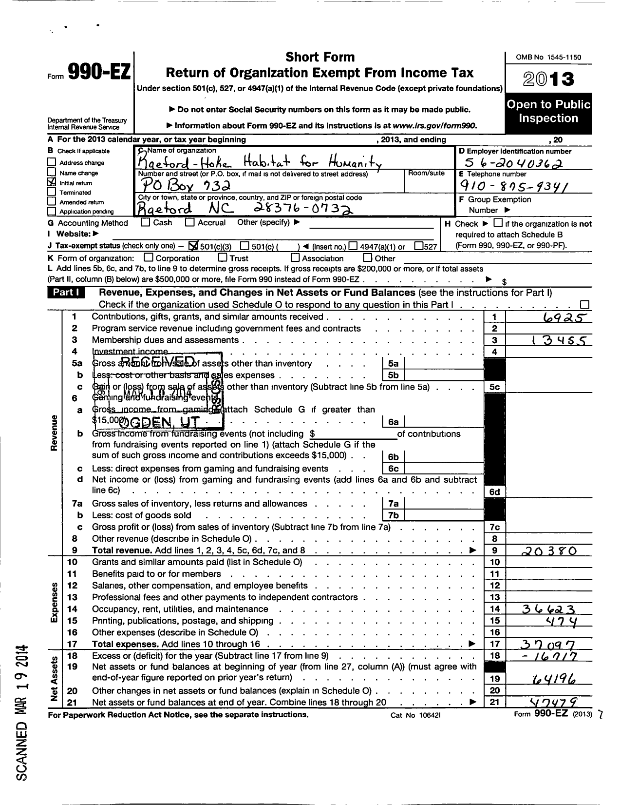 Image of first page of 2013 Form 990EZ for Habitat for Humanity - Raeford-Hoke HFH