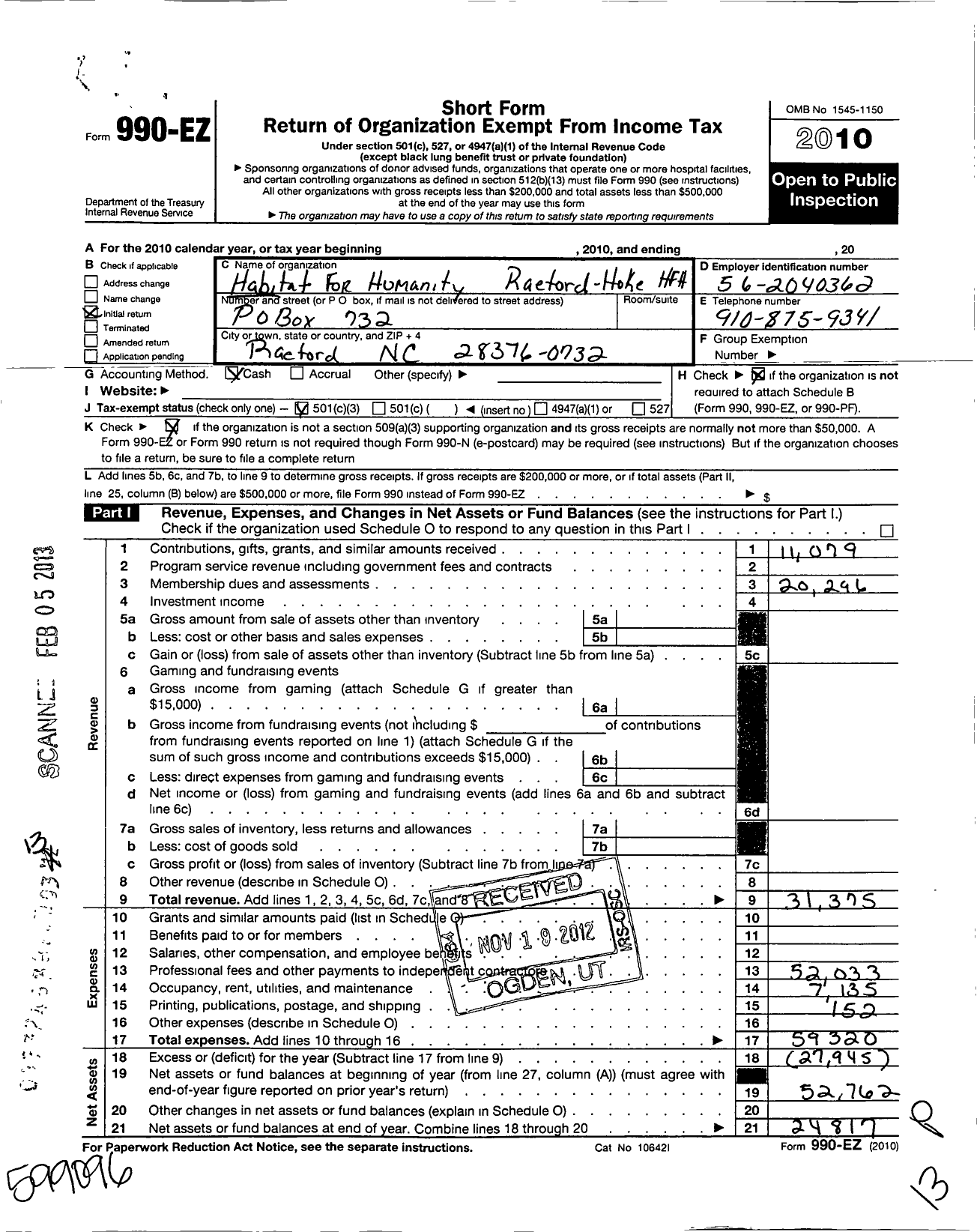 Image of first page of 2010 Form 990EZ for Habitat for Humanity - Raeford-Hoke HFH