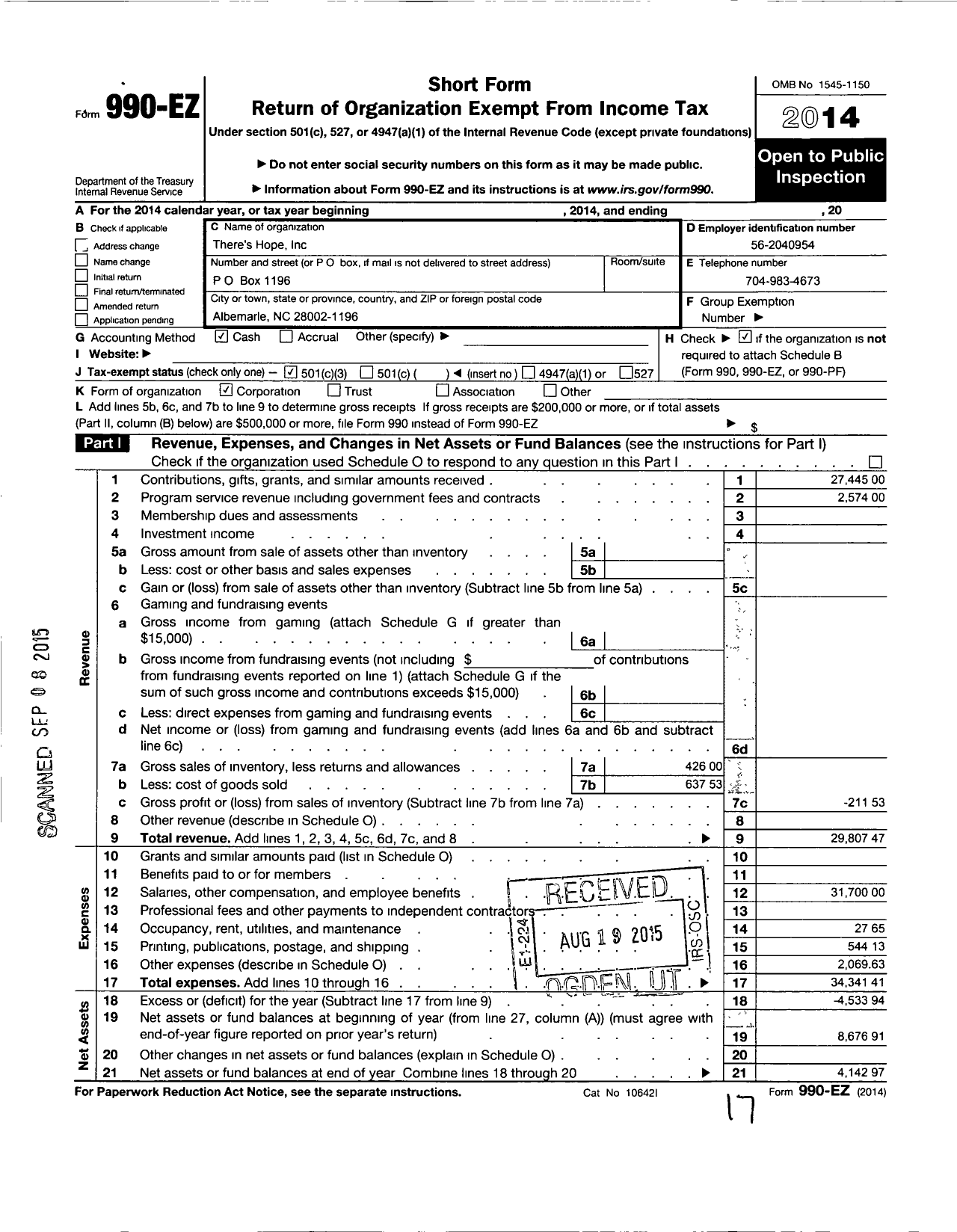 Image of first page of 2014 Form 990EZ for Theres Hope