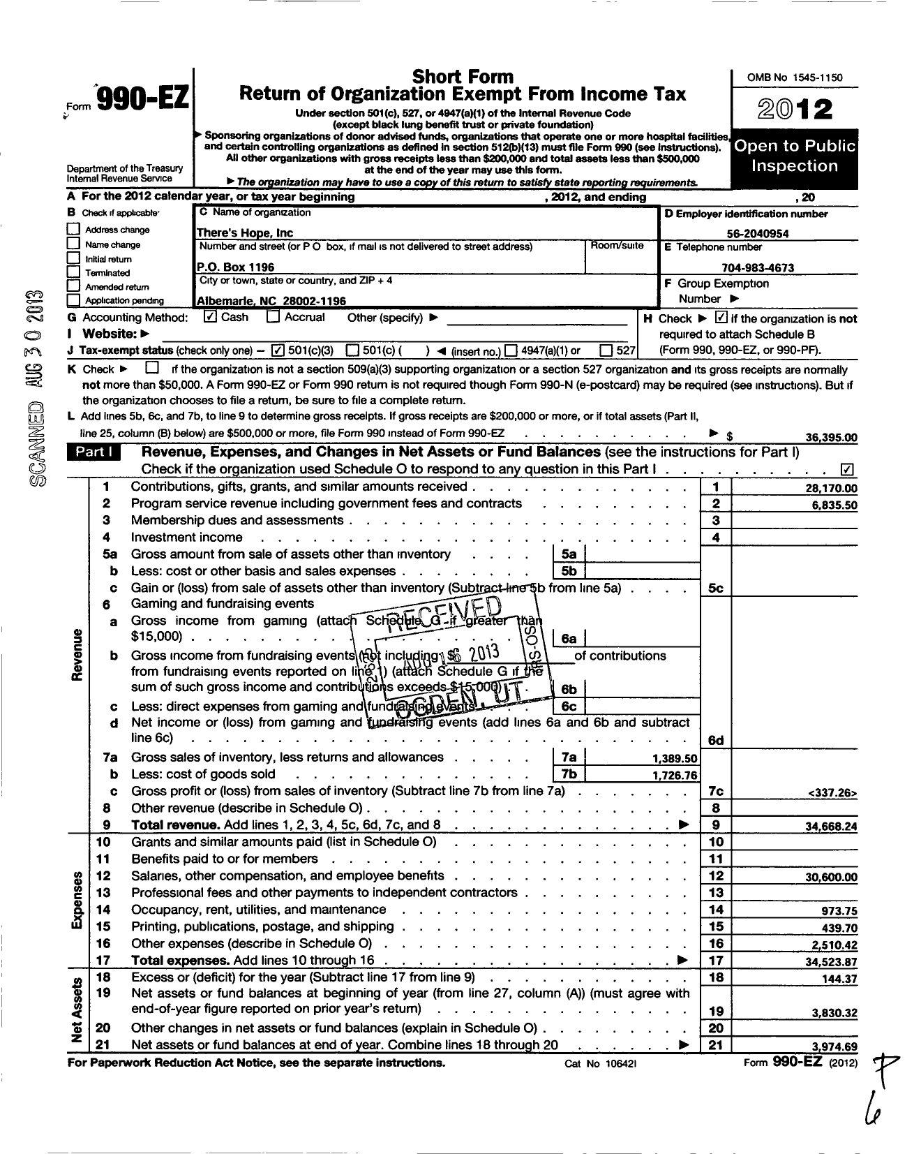 Image of first page of 2012 Form 990EZ for Theres Hope