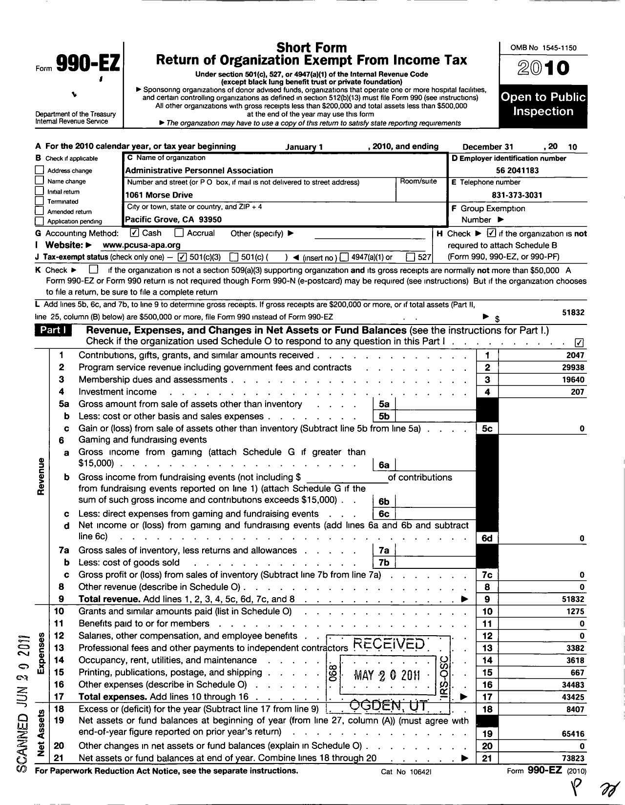 Image of first page of 2010 Form 990EZ for Administrative Personnel Association Presbyterian Church-Usa