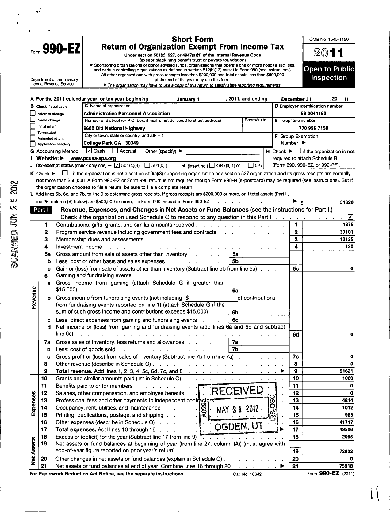 Image of first page of 2011 Form 990EZ for Administrative Personnel Association Presbyterian Church-Usa