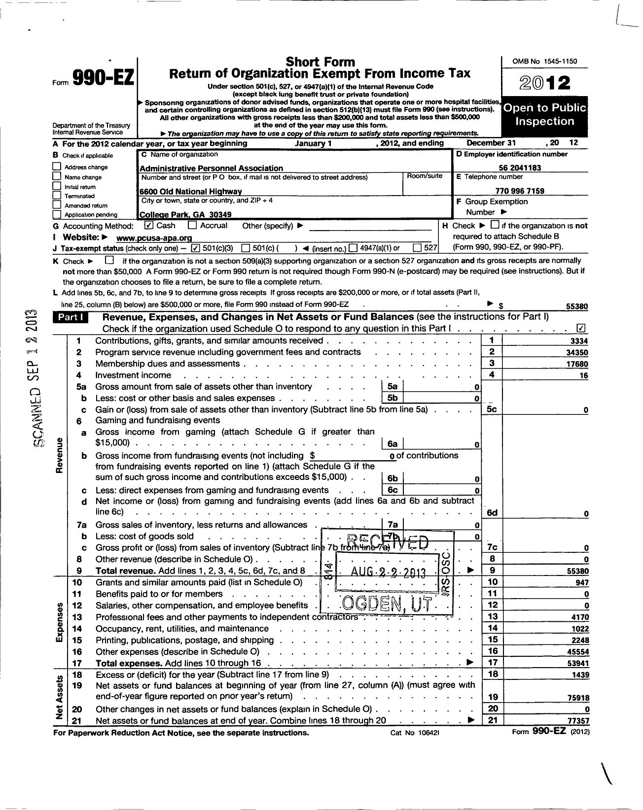 Image of first page of 2012 Form 990EZ for Administrative Personnel Association Presbyterian Church-Usa