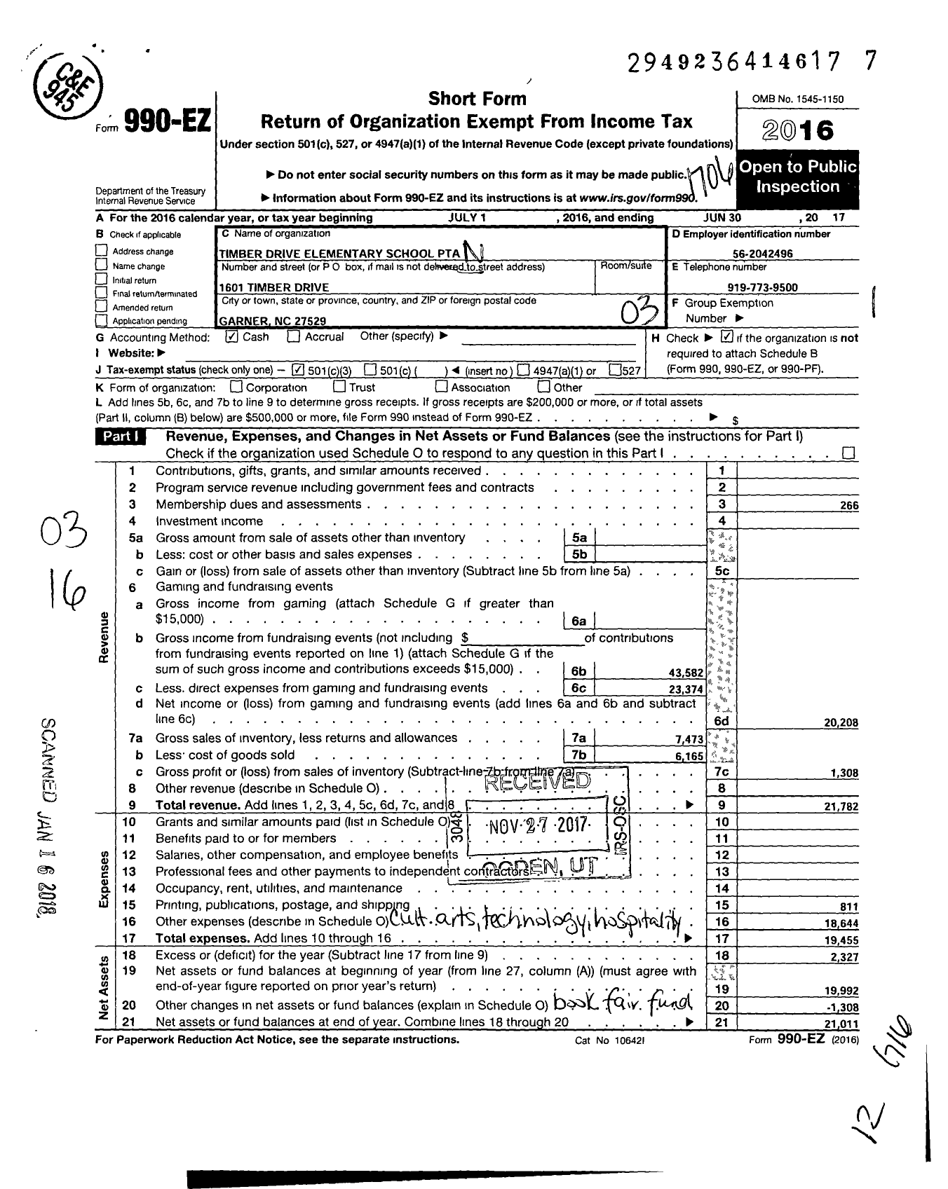 Image of first page of 2016 Form 990EZ for North Carolina PTA - Timber Drive Elem School PTA