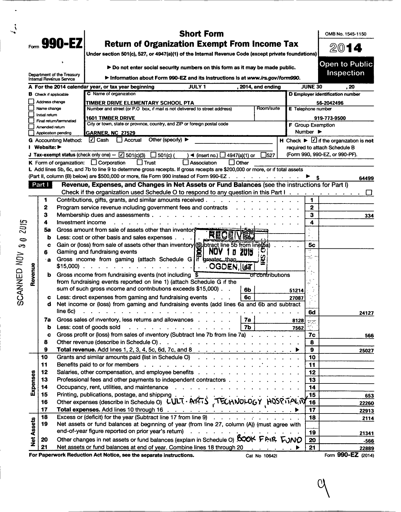 Image of first page of 2013 Form 990EZ for North Carolina PTA - Timber Drive Elem School PTA