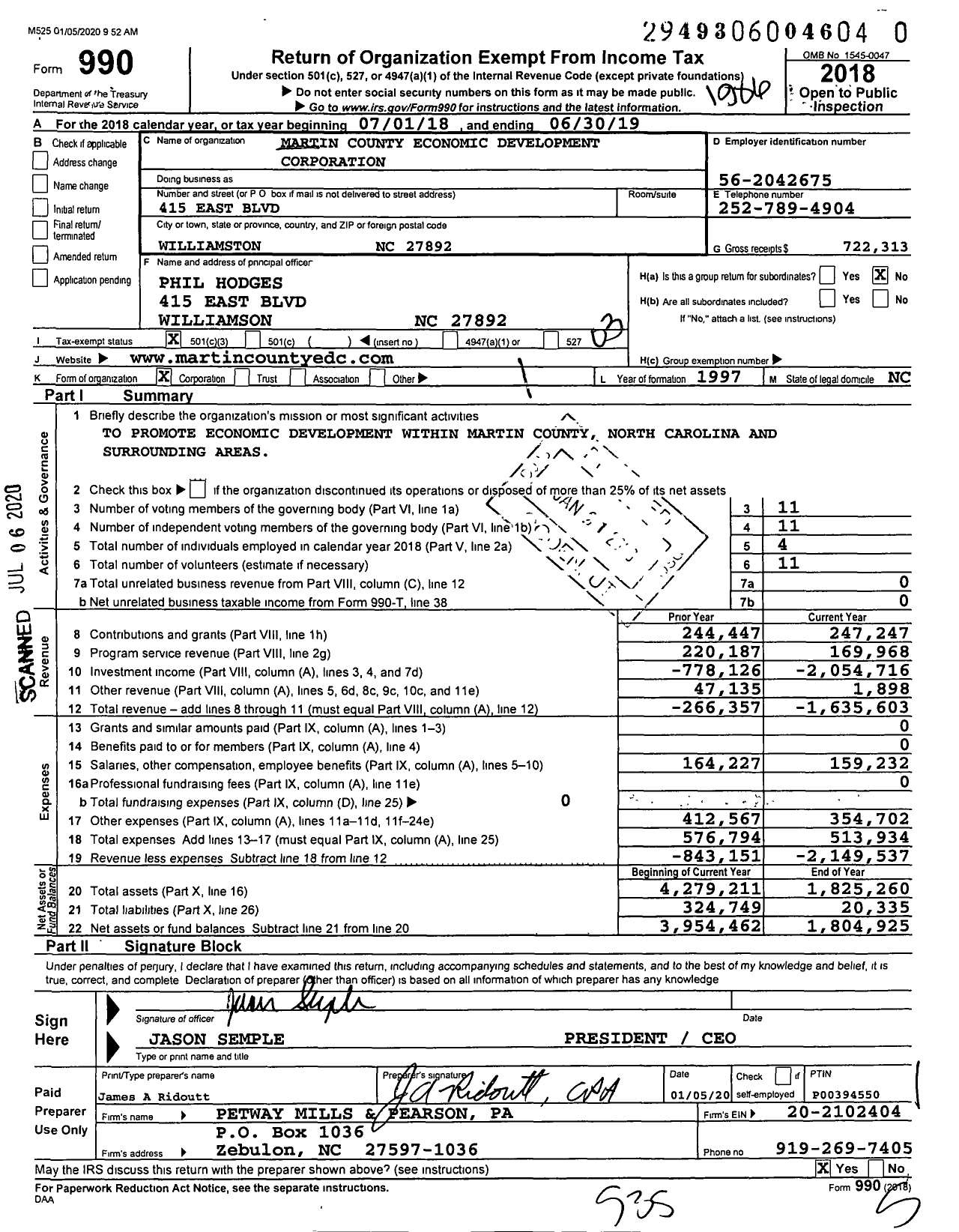 Image of first page of 2018 Form 990 for Martin County Economic Development Corporation