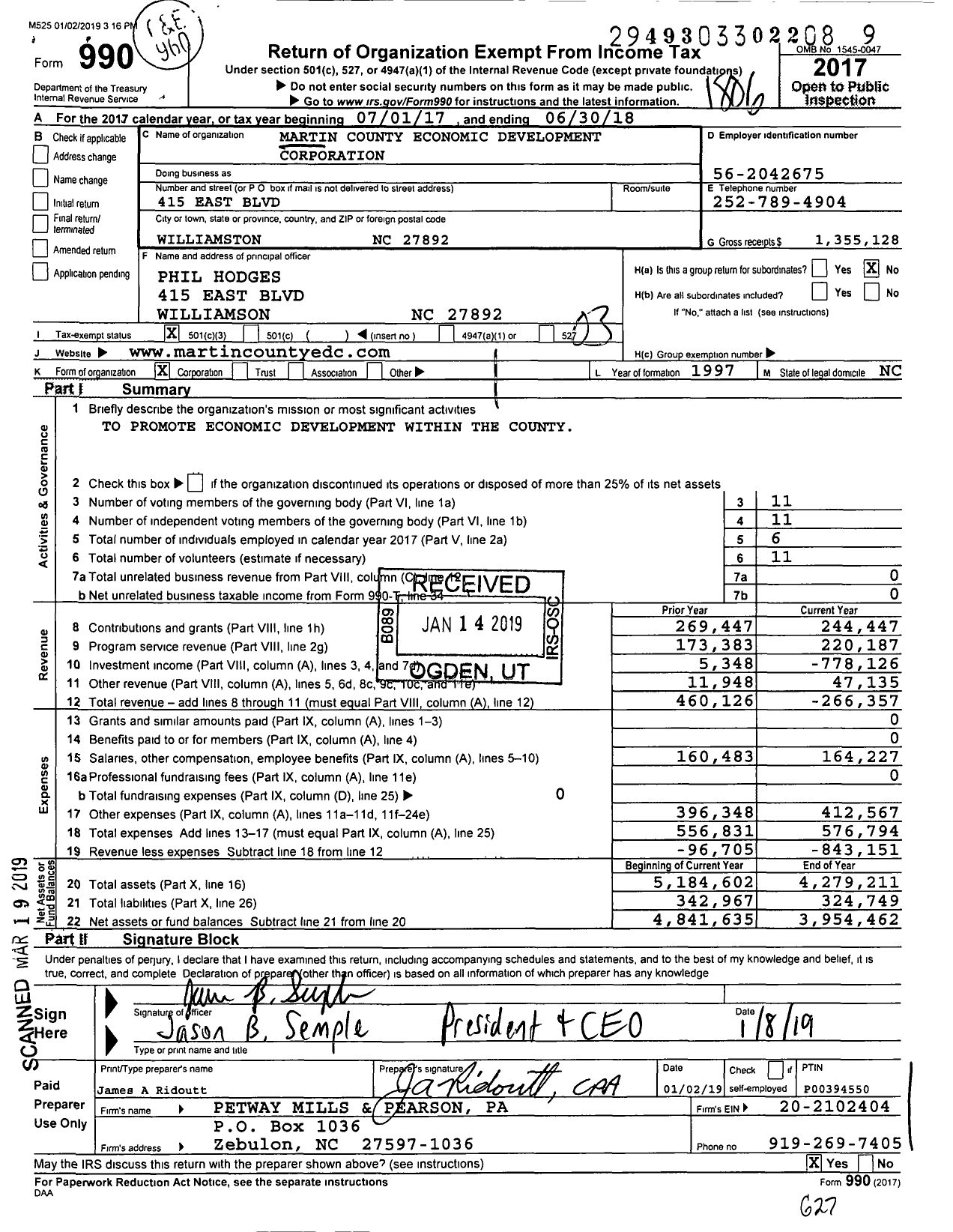 Image of first page of 2017 Form 990 for Martin County Economic Development Corporation