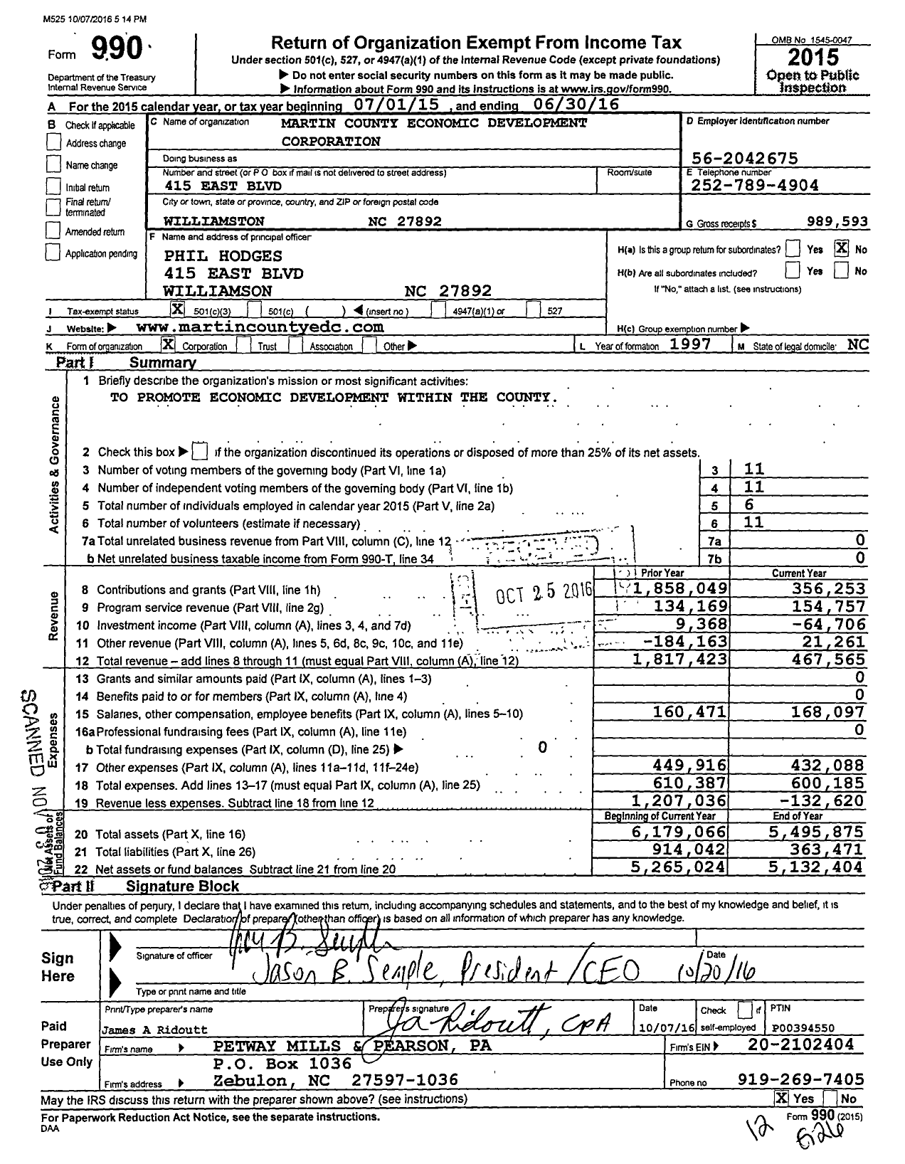 Image of first page of 2015 Form 990 for Martin County Economic Development