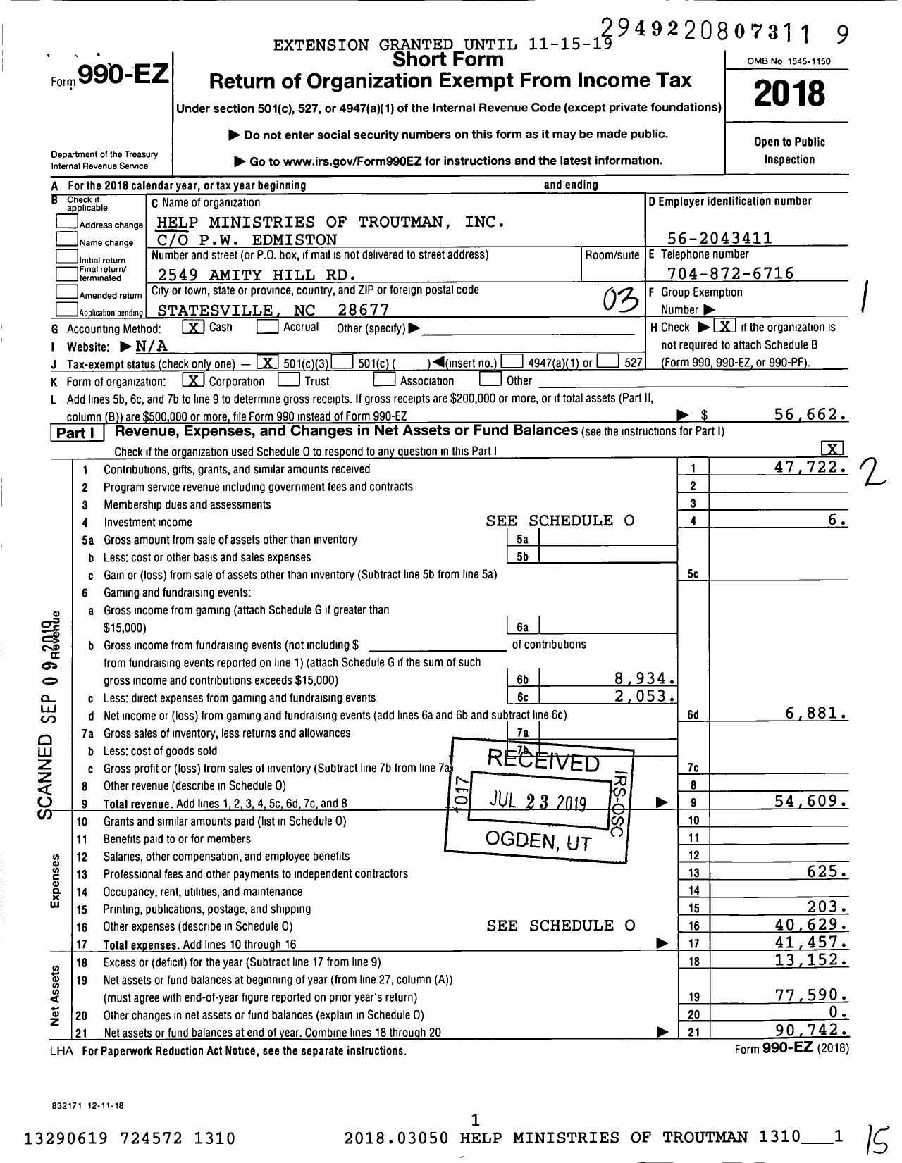 Image of first page of 2018 Form 990EZ for Help Ministries of Troutman