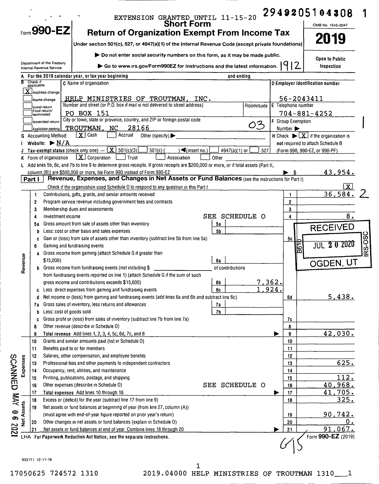 Image of first page of 2019 Form 990EZ for Help Ministries of Troutman