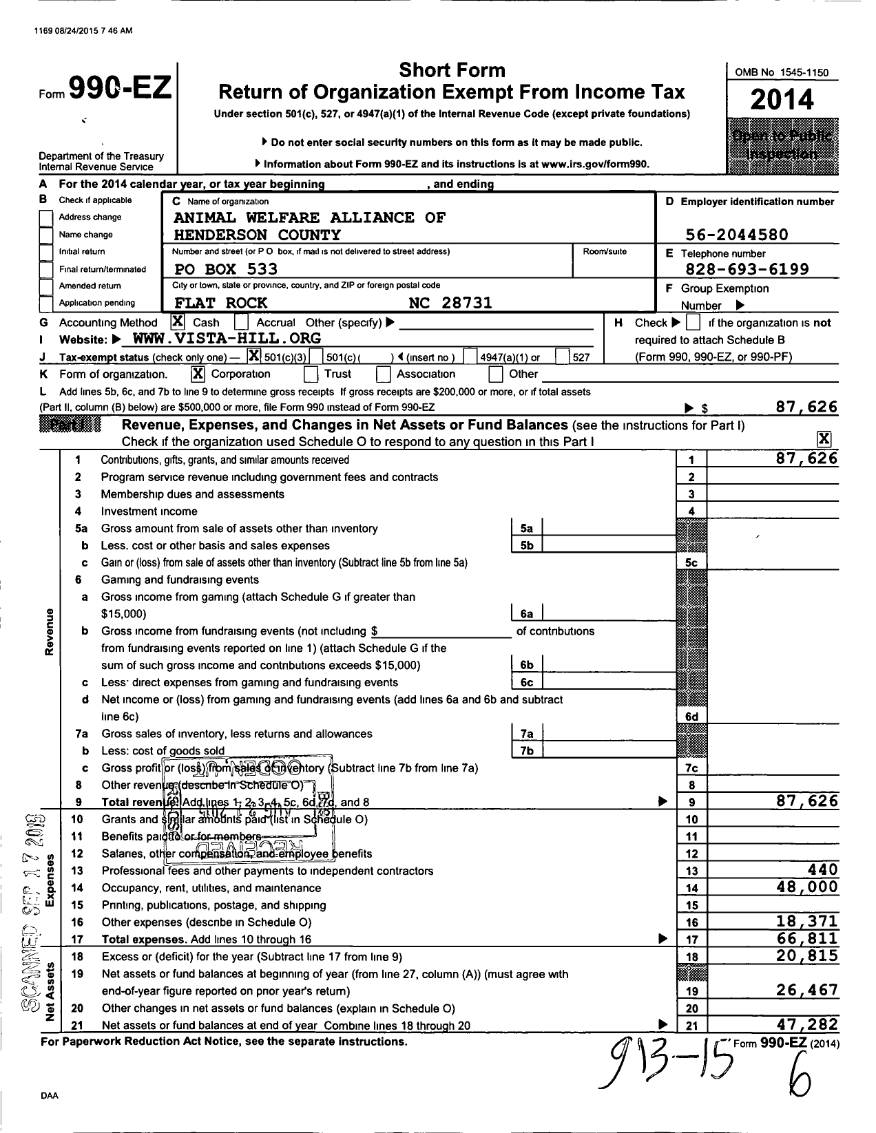 Image of first page of 2014 Form 990EZ for Animal Welfare Alliance of Henderson County