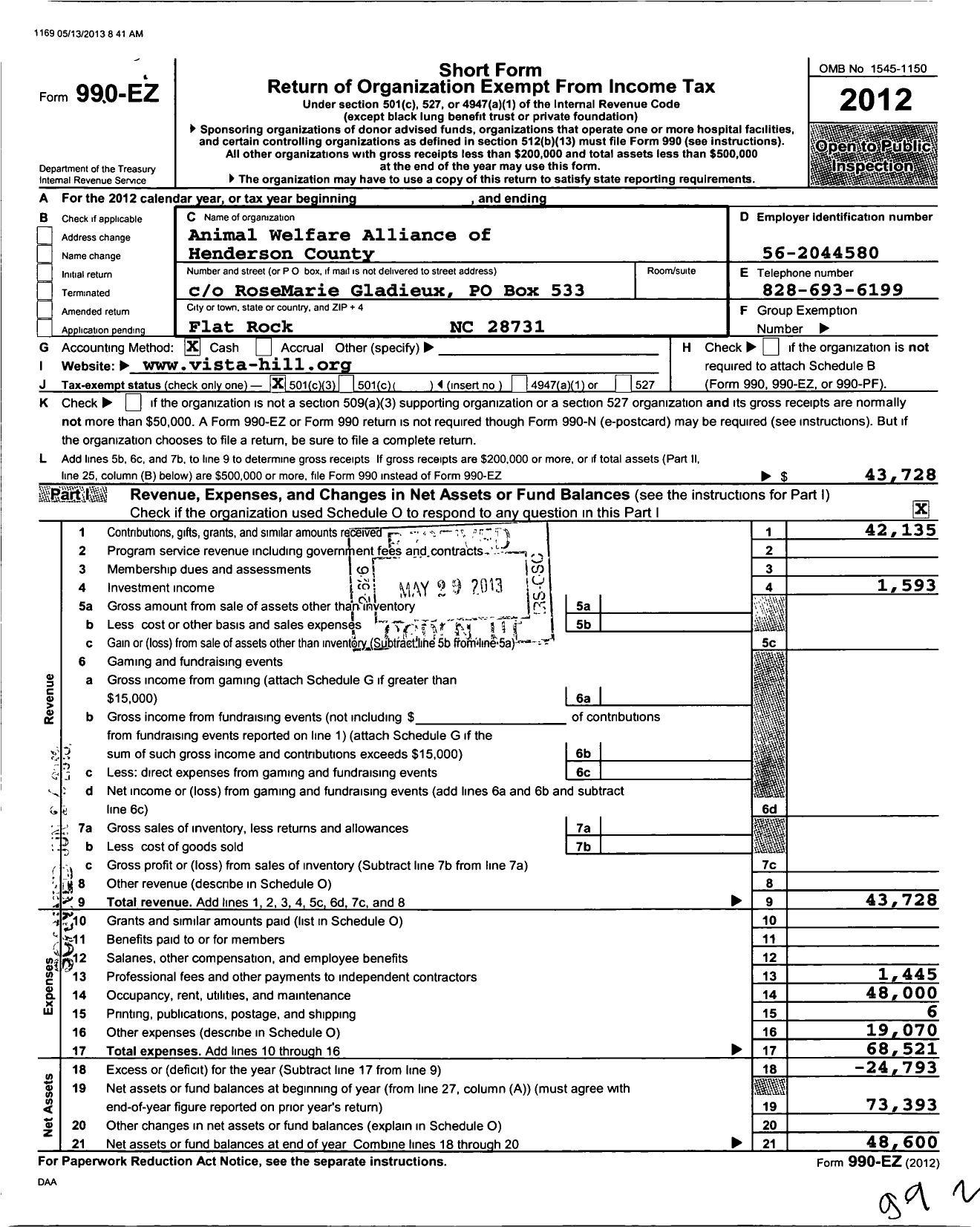 Image of first page of 2012 Form 990EZ for Animal Welfare Alliance of Henderson County