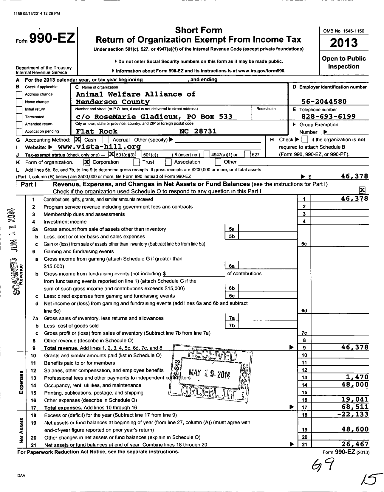 Image of first page of 2013 Form 990EZ for Animal Welfare Alliance of Henderson County