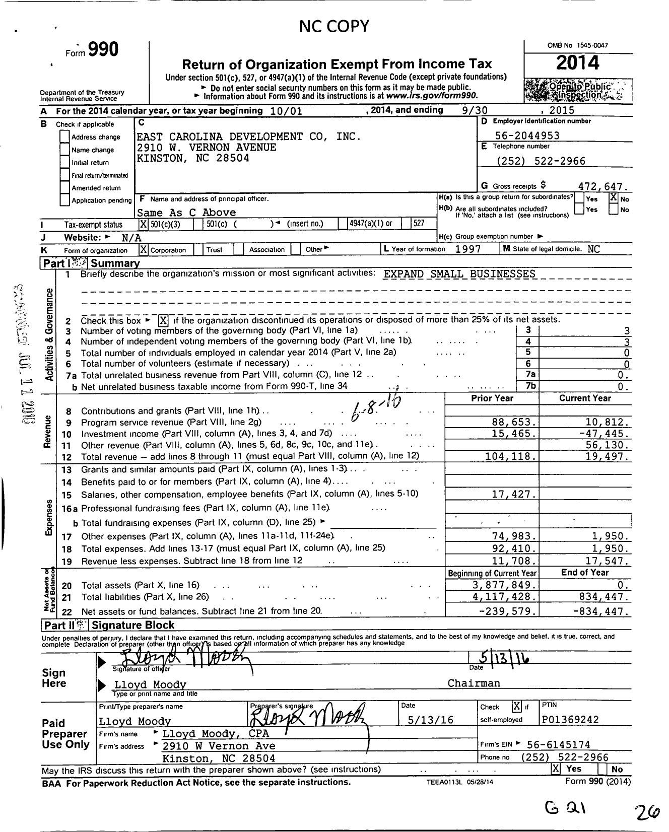 Image of first page of 2014 Form 990 for East Carolina Development Company