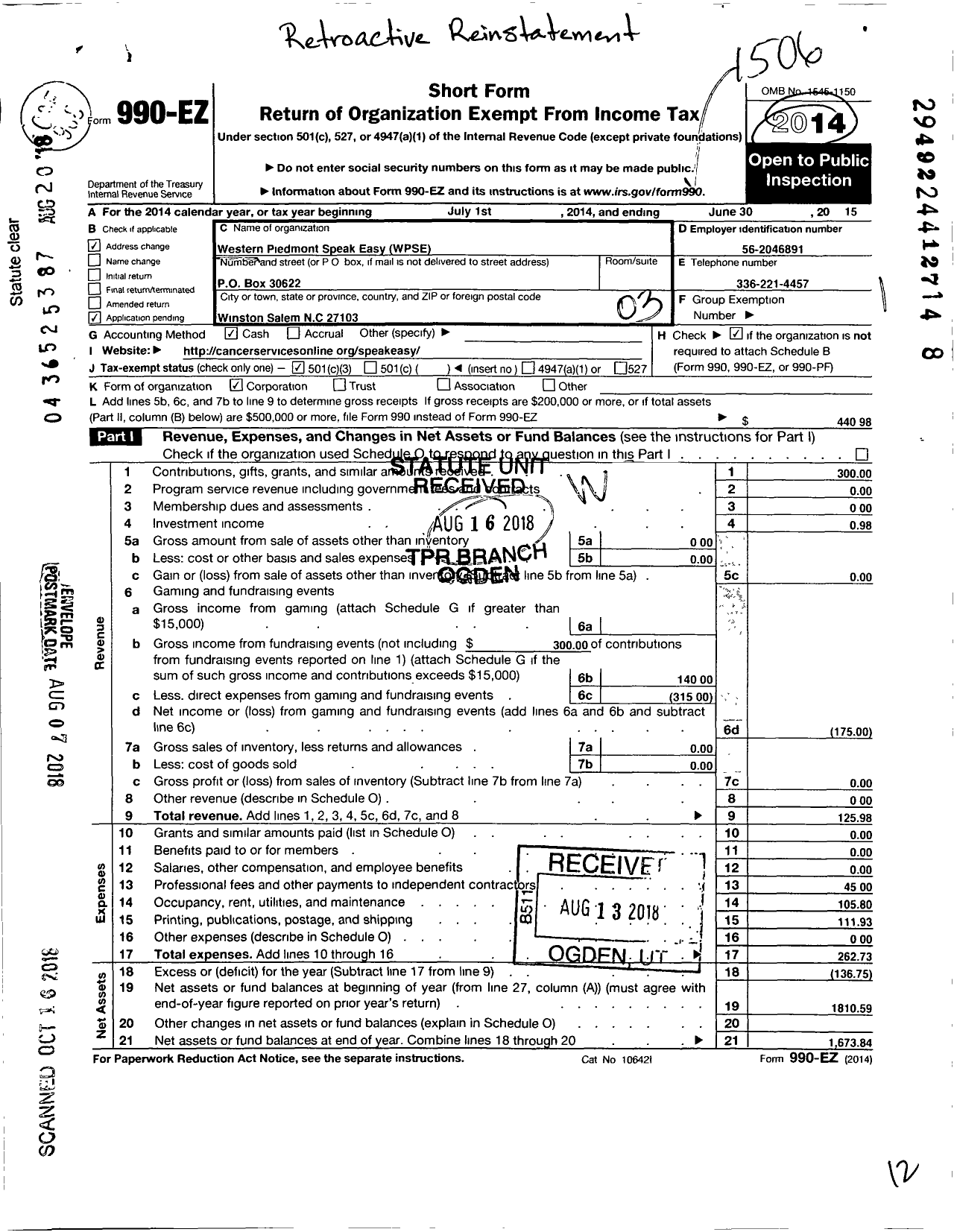 Image of first page of 2014 Form 990EZ for Western Piedmont Speak Easy