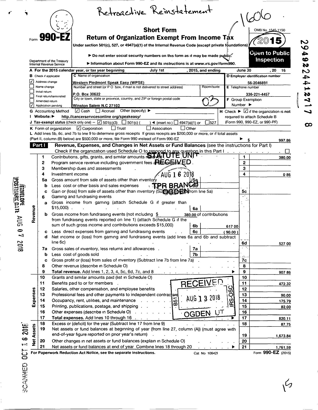 Image of first page of 2015 Form 990EZ for Western Piedmont Speak Easy