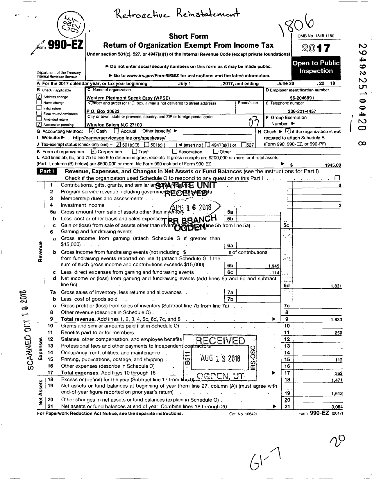 Image of first page of 2017 Form 990EZ for Western Piedmont Speak Easy