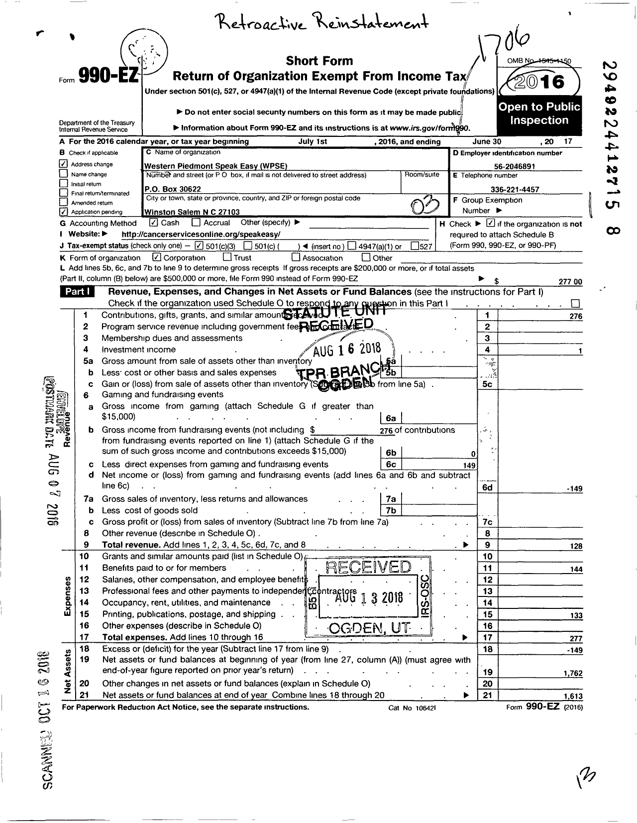 Image of first page of 2016 Form 990EZ for Western Piedmont Speak Easy