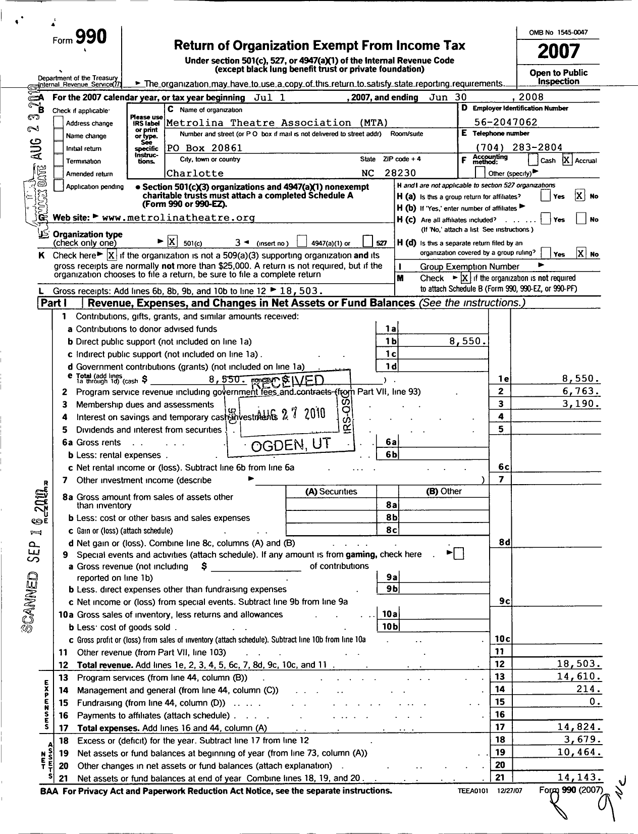 Image of first page of 2007 Form 990 for Metrolina Theatre Association