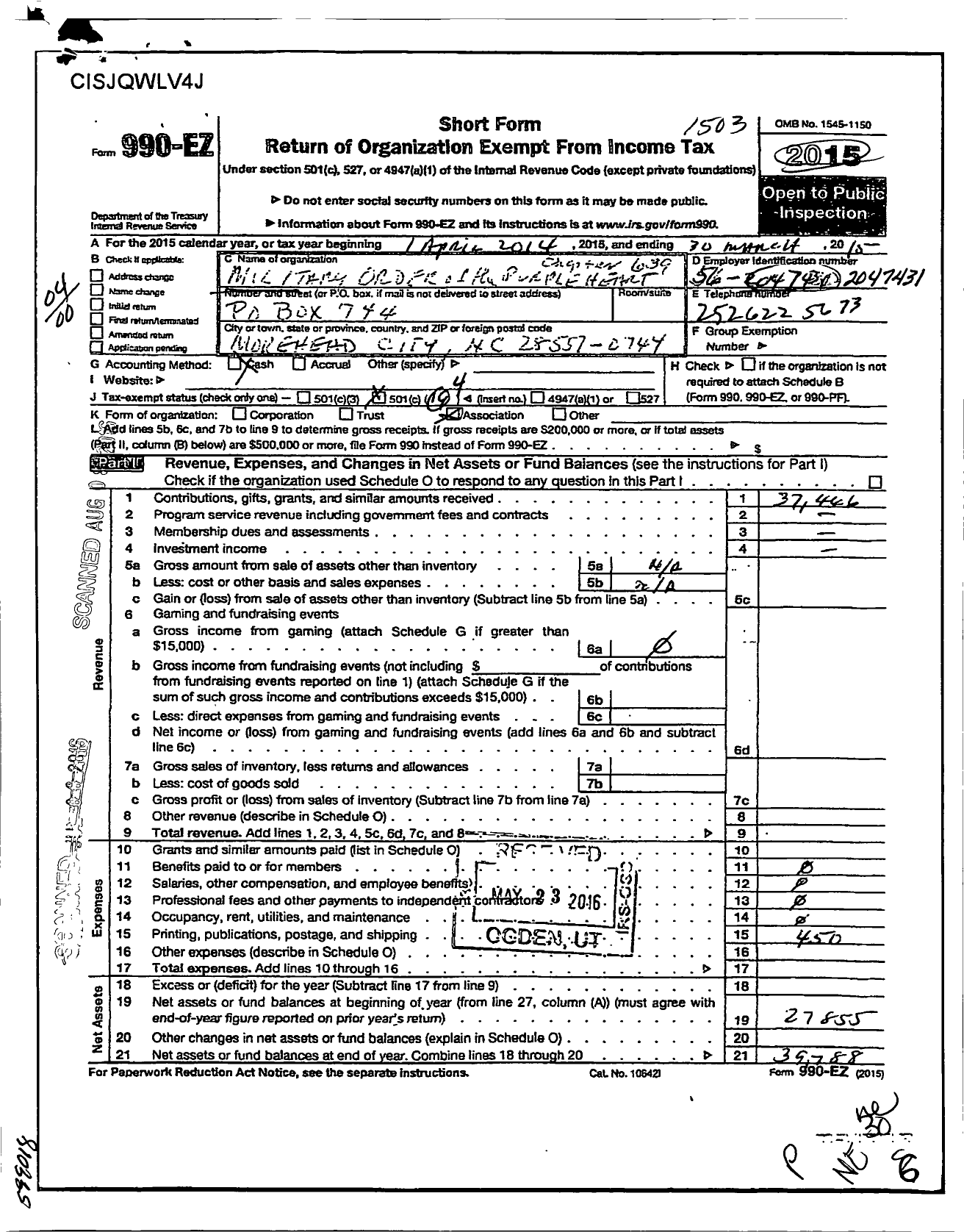 Image of first page of 2014 Form 990EO for Military Order of the Purple Heart - 639 Chapter