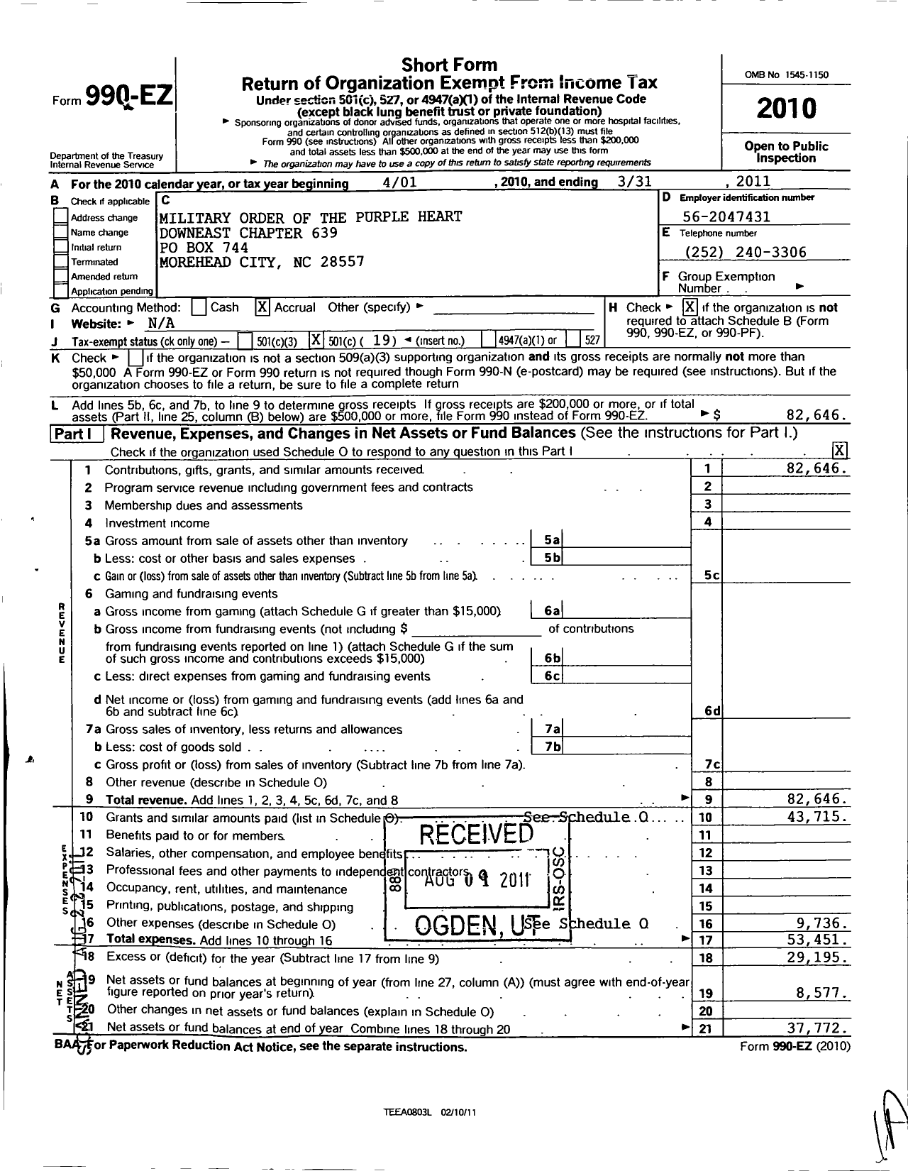 Image of first page of 2010 Form 990EO for Military Order of the Purple Heart - 639 Chapter