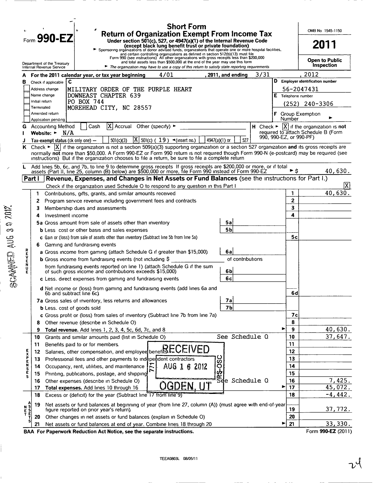 Image of first page of 2011 Form 990EO for Military Order of the Purple Heart - 639 Chapter