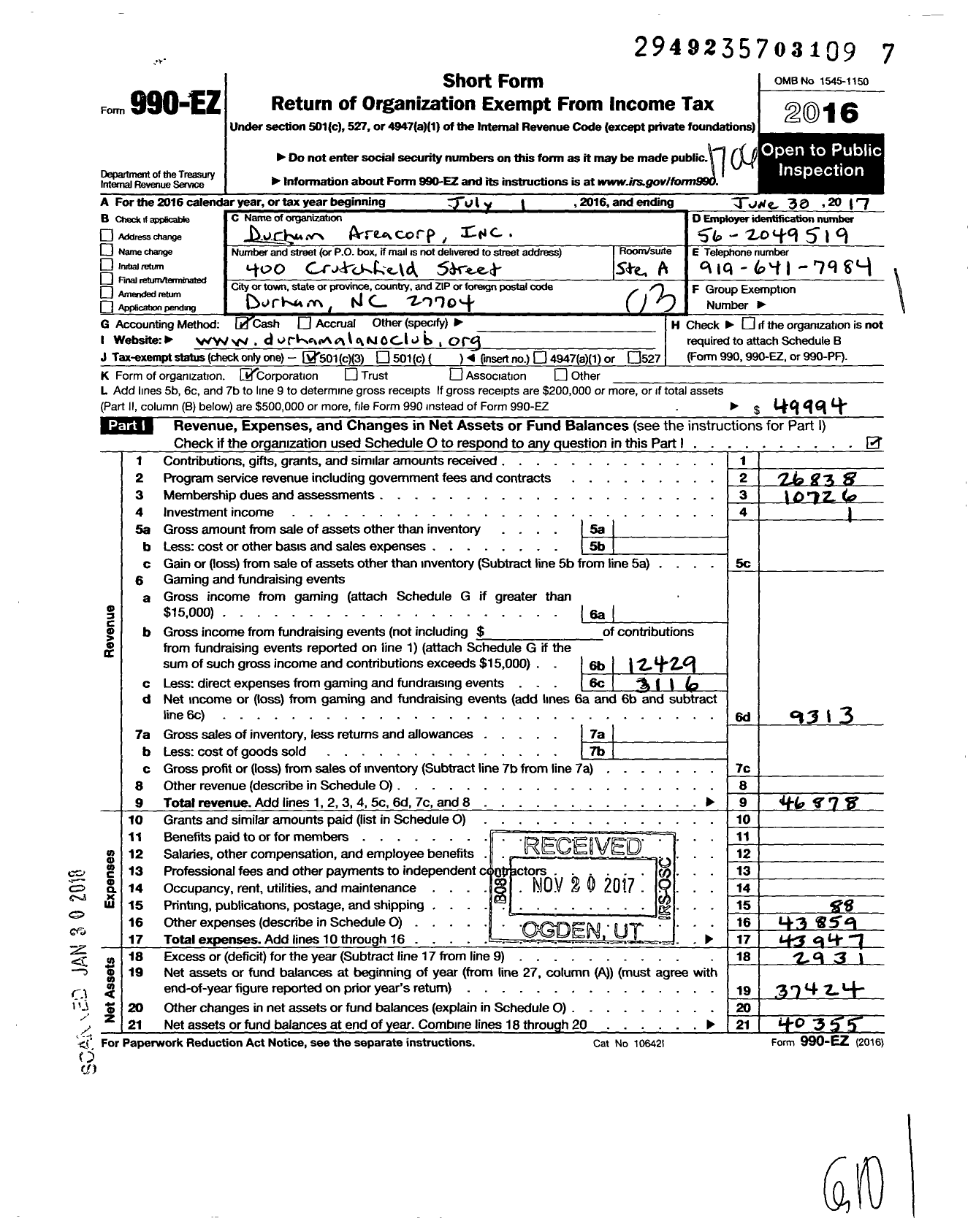 Image of first page of 2016 Form 990EZ for Durham Areacorp