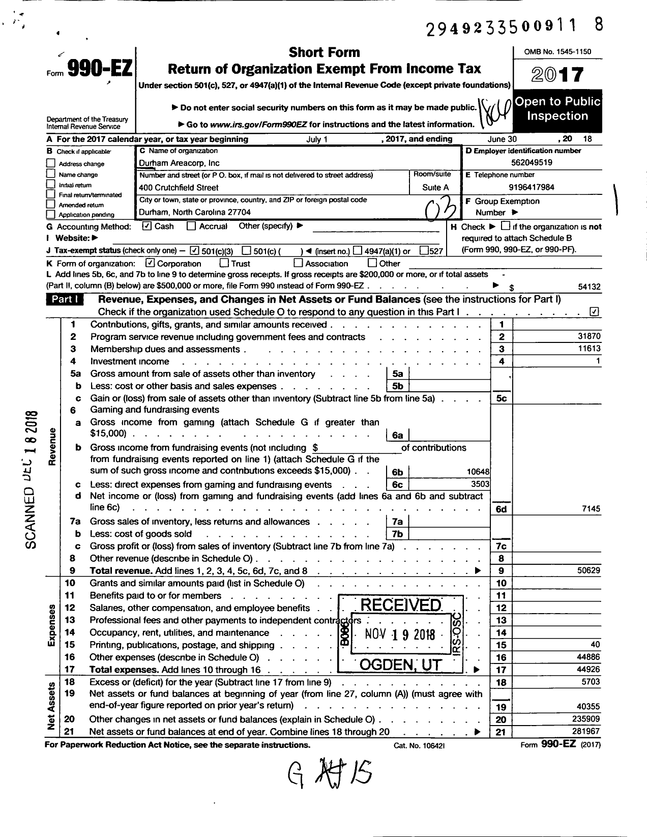 Image of first page of 2017 Form 990EZ for Durham Areacorp