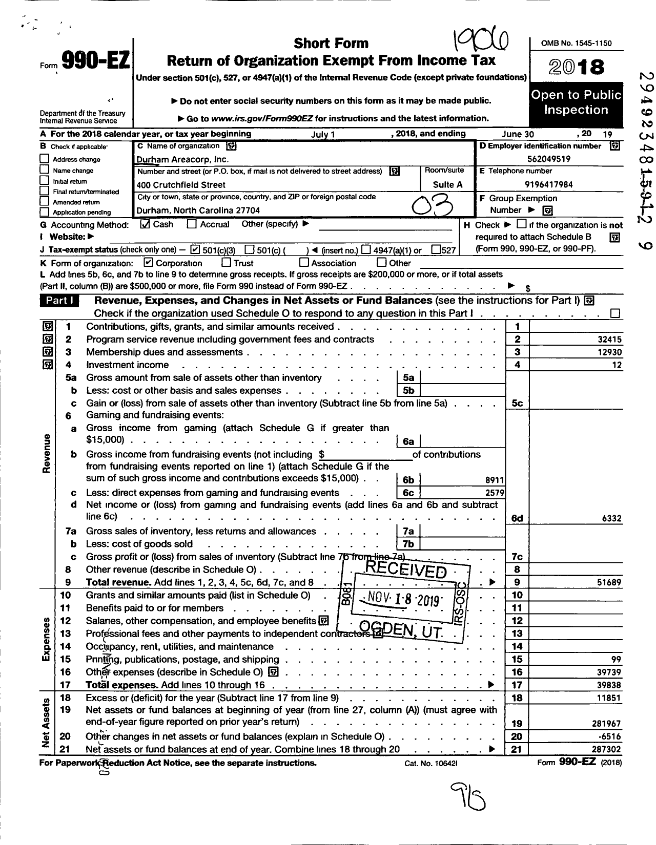 Image of first page of 2018 Form 990EZ for Durham Areacorp